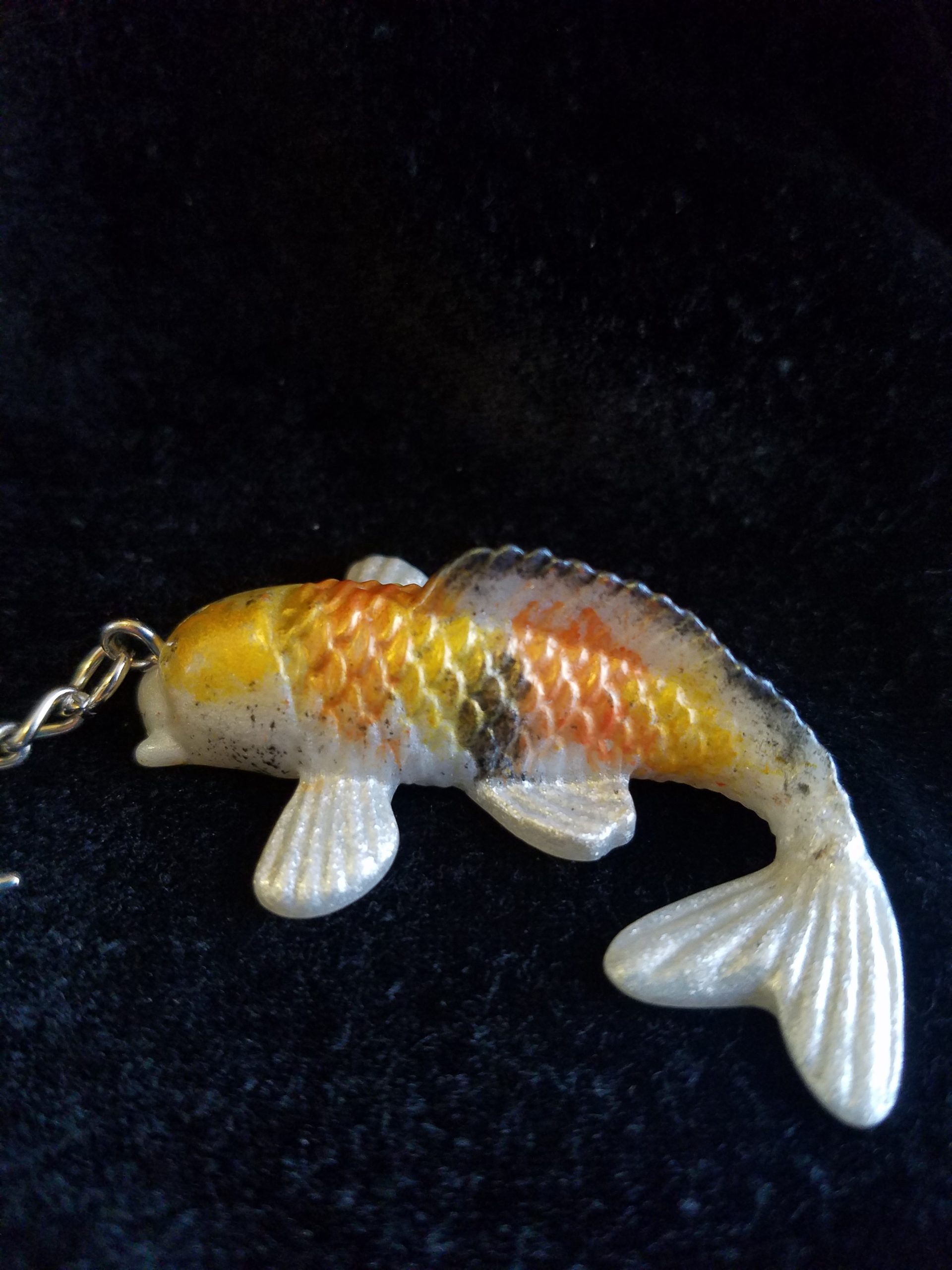 Yellow, Orange, Black & Pearl Shimmer Epoxy Koi Fish with Dragonfly Keychain