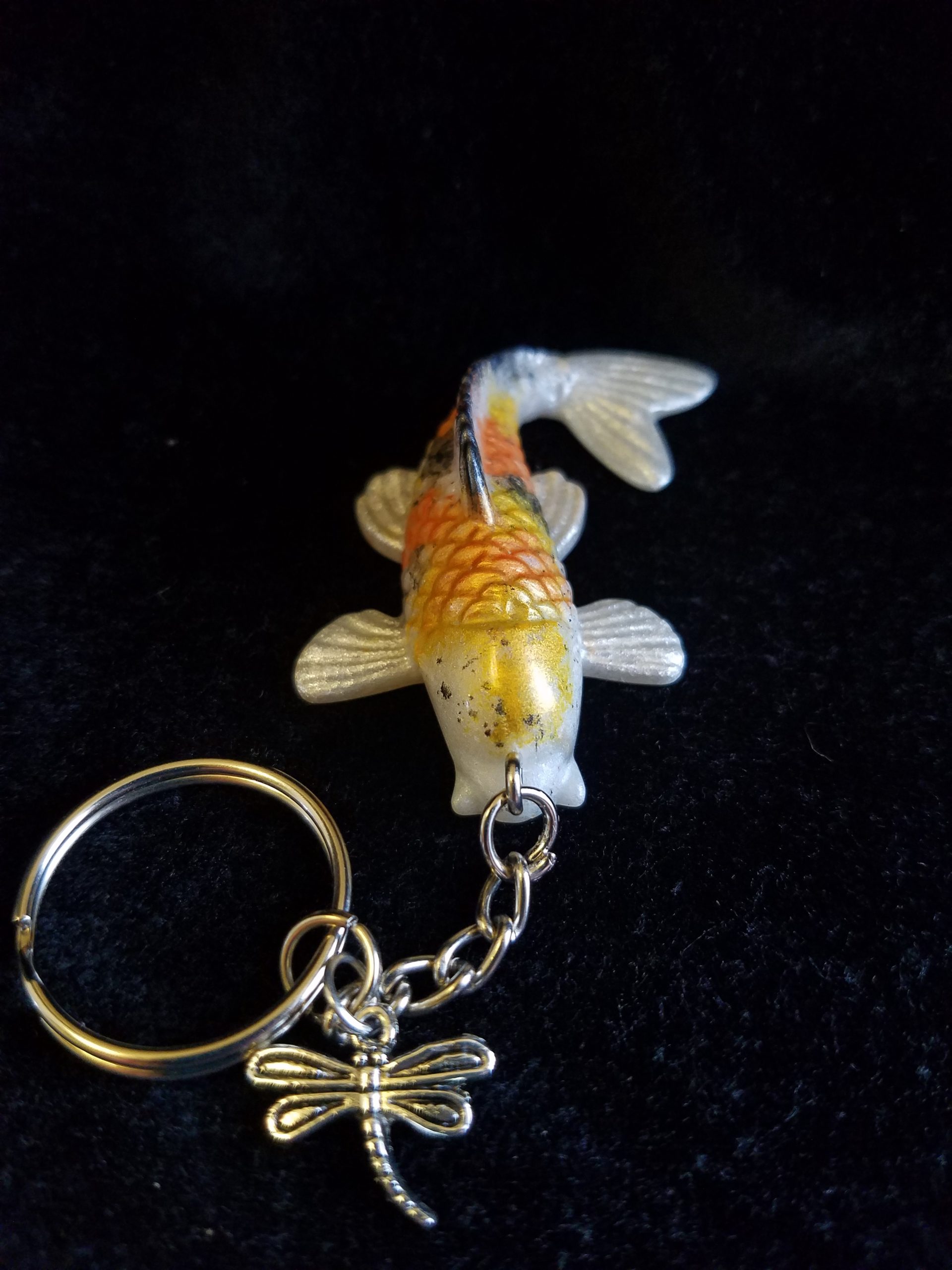 Yellow, Orange, Black & Pearl Shimmer Epoxy Koi Fish with Dragonfly Keychain