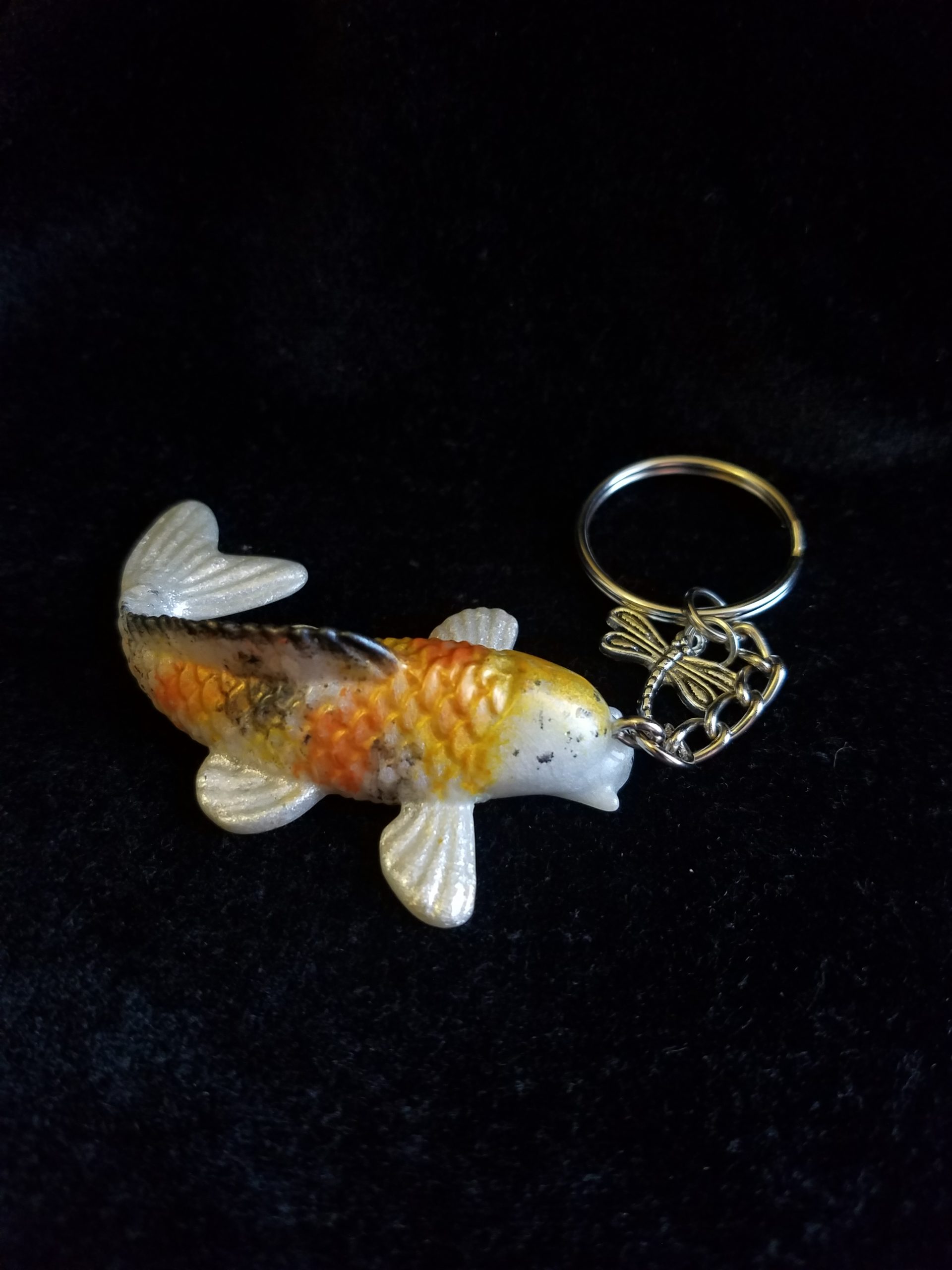 Yellow, Orange, Black & Pearl Shimmer Epoxy Koi Fish with Dragonfly Keychain