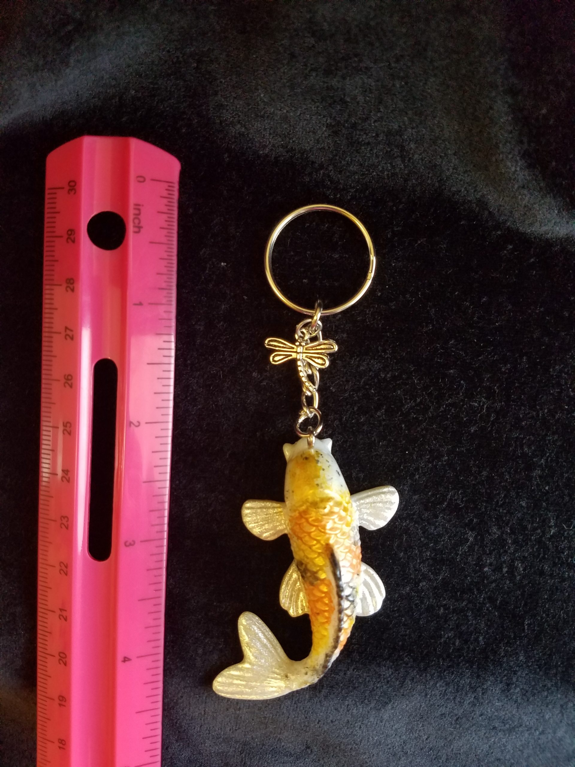 Yellow, Orange, Black & Pearl Shimmer Epoxy Koi Fish with Dragonfly Keychain