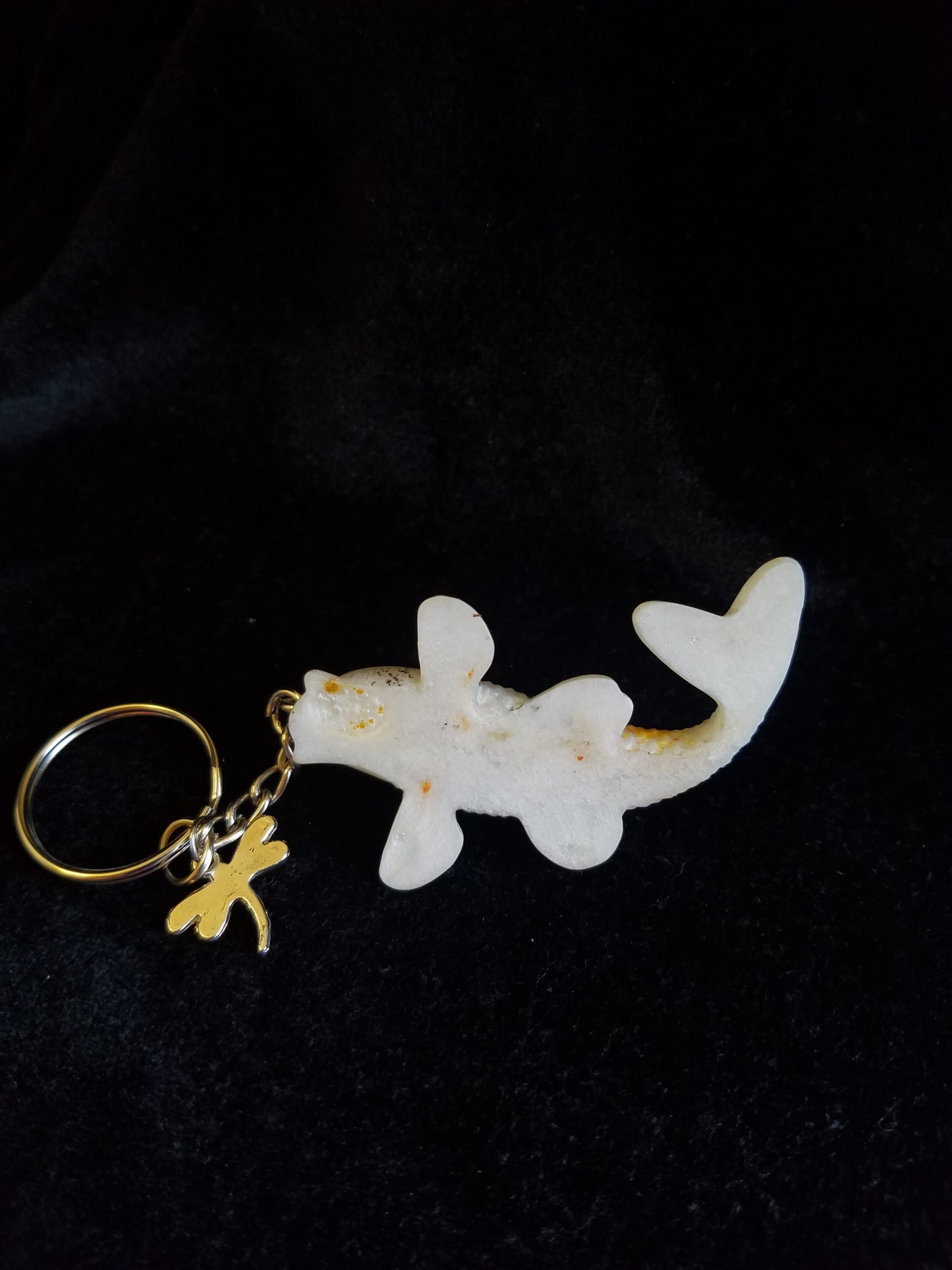 Yellow, Orange, Black & Pearl Shimmer Epoxy Koi Fish with Dragonfly Keychain
