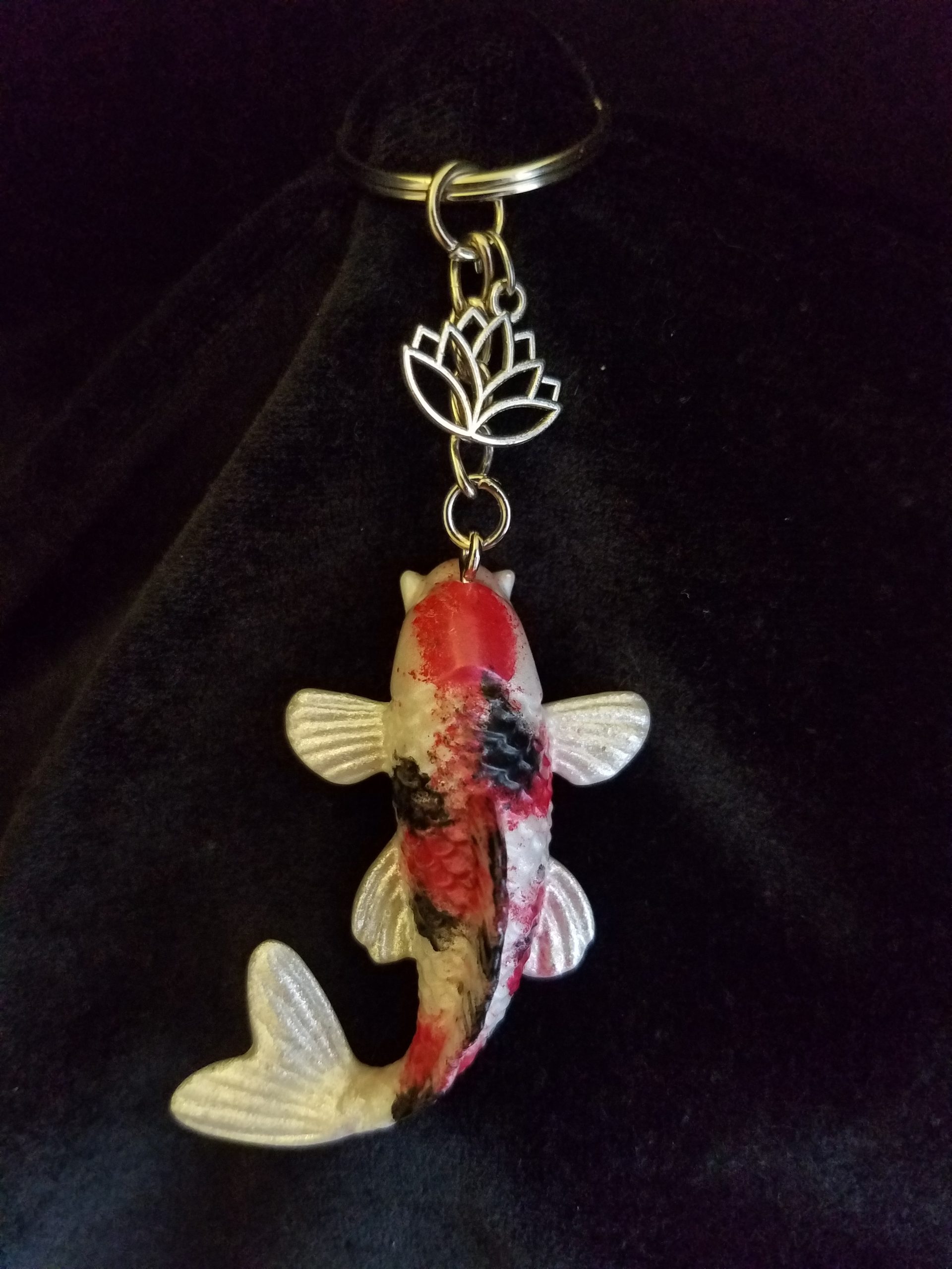 Red, Black & Pearl Shimmer Epoxy Koi Fish with Dragonfly Keychain