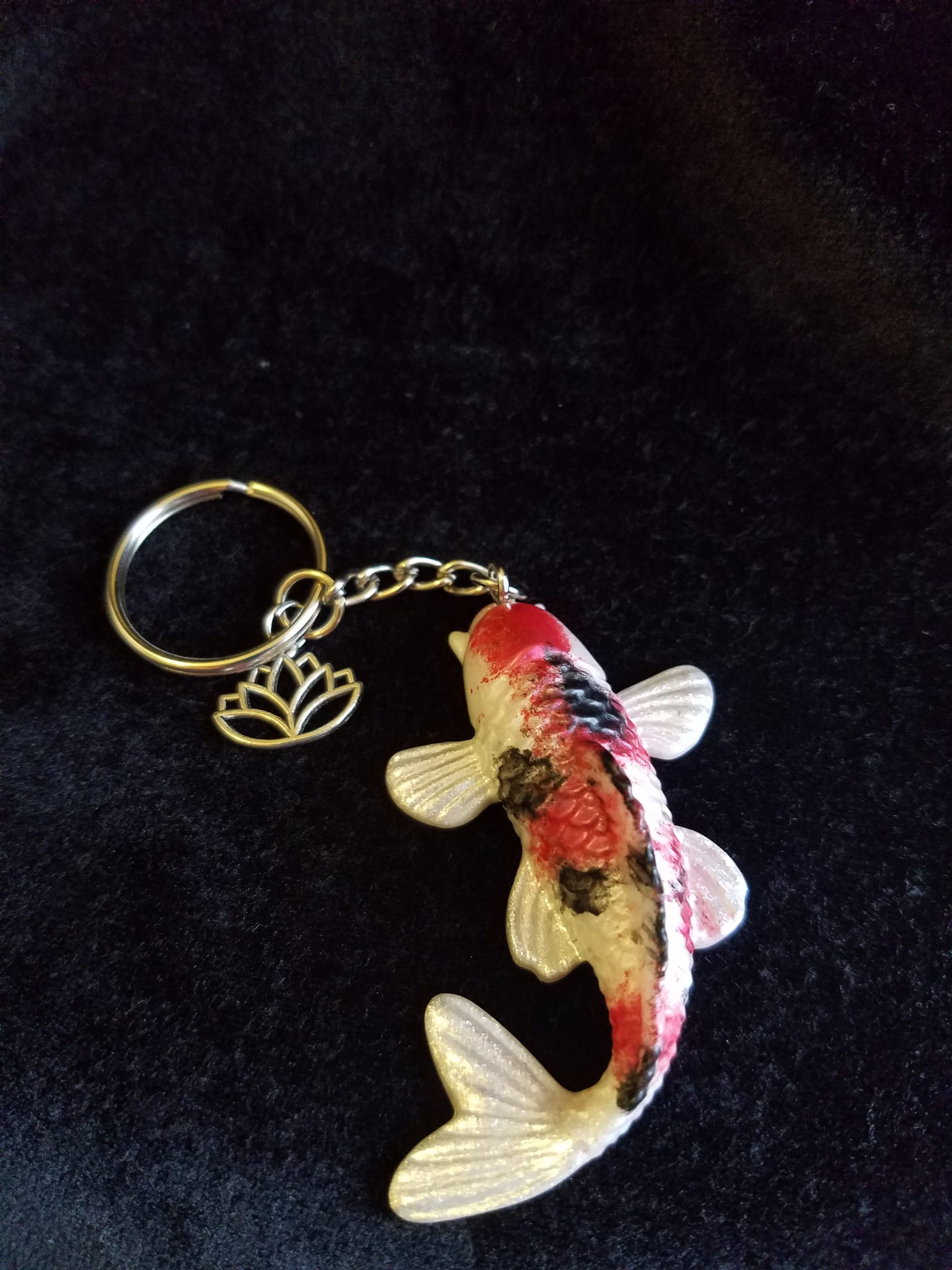 Red, Black & Pearl Shimmer Epoxy Koi Fish with Dragonfly Keychain