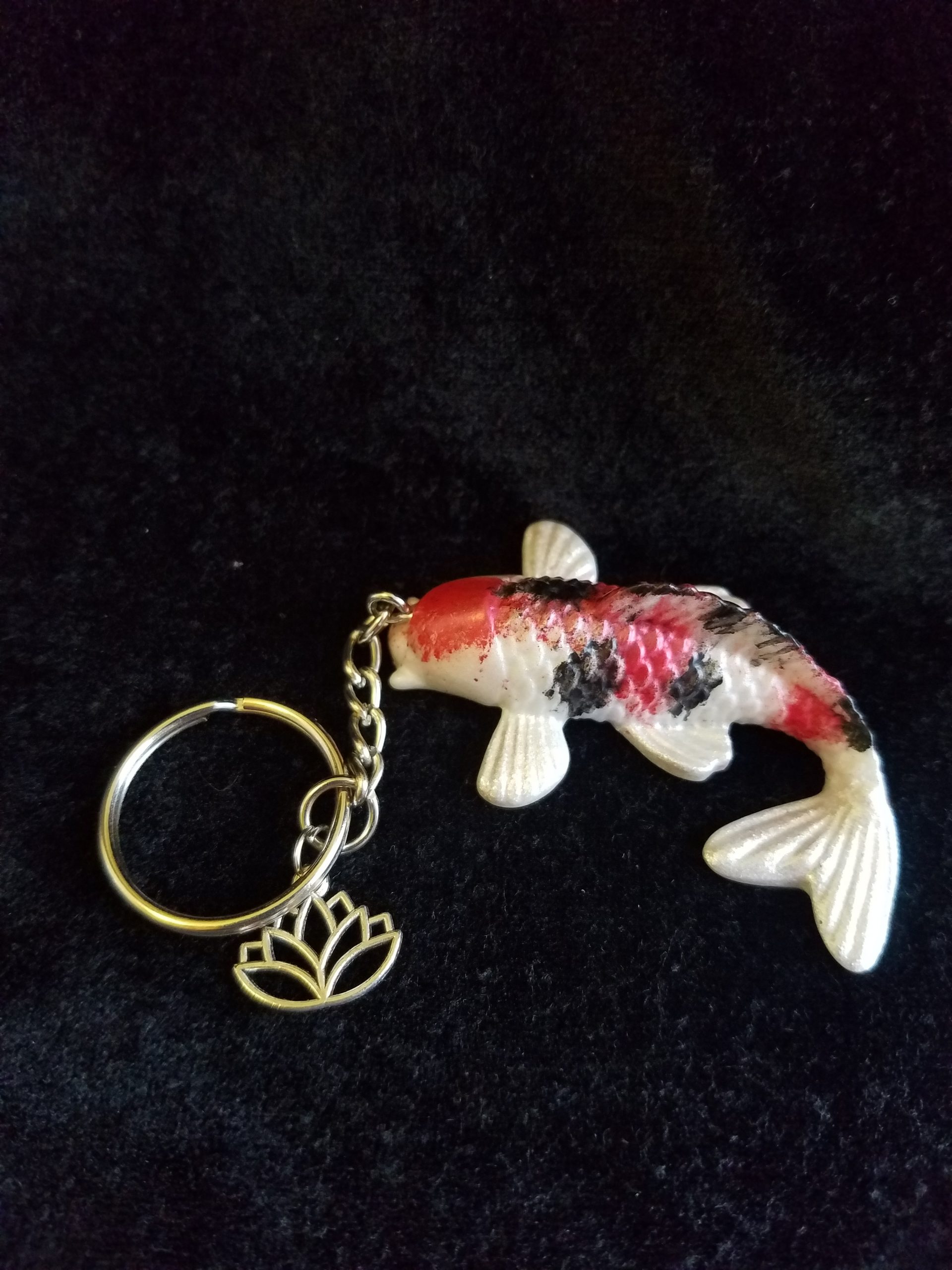 Red, Black & Pearl Shimmer Epoxy Koi Fish with Dragonfly Keychain