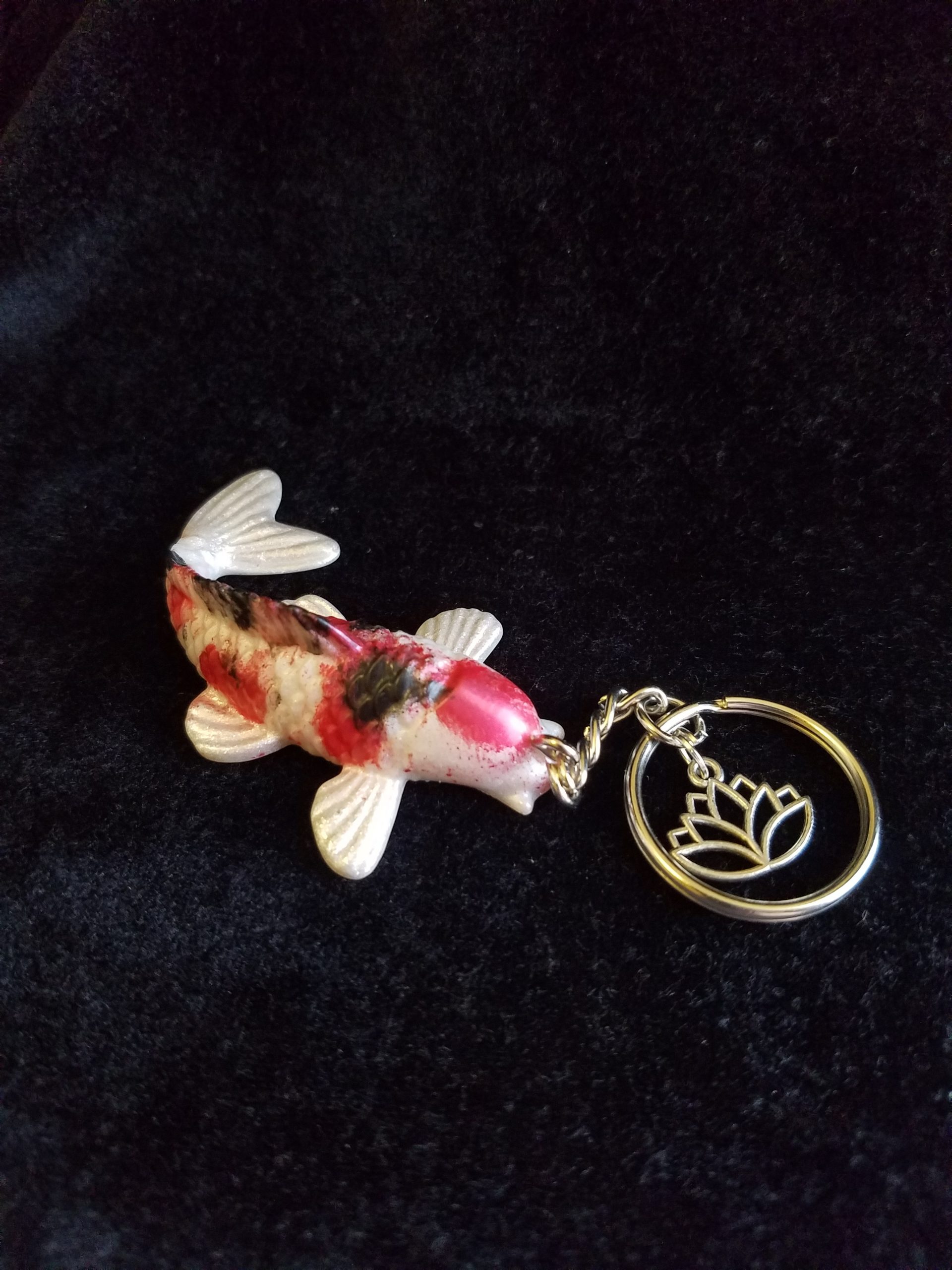 Red, Black & Pearl Shimmer Epoxy Koi Fish with Dragonfly Keychain