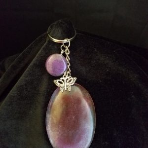 Abstract Clear Purple & Red Shimmery Oval Epoxy Pendant Keychain with Butterfly