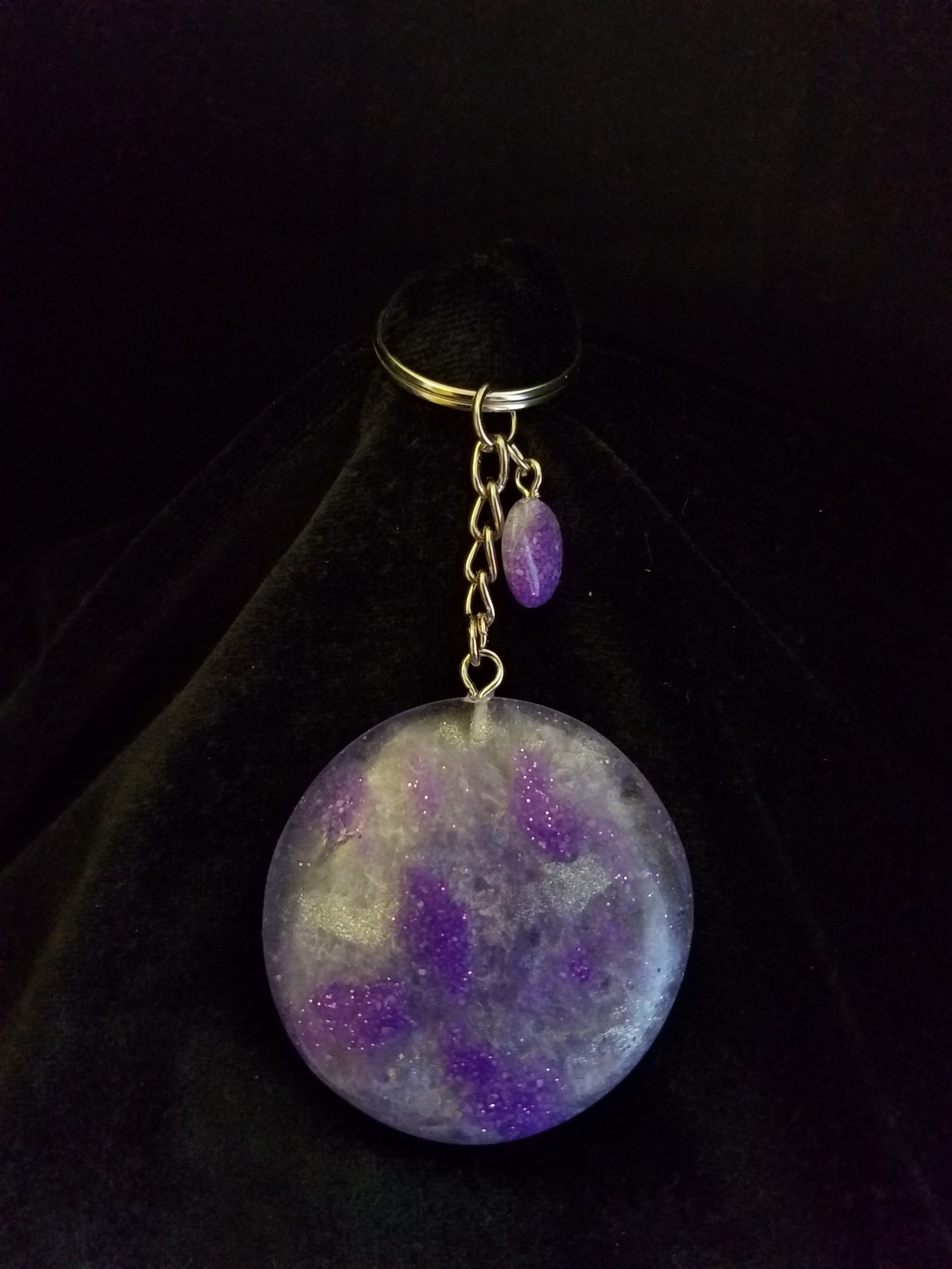 Super Smooth Abstract Clear, Dark Purple Glitter Sand & Light Purple Shimmery Round Epoxy Pendant Keychain