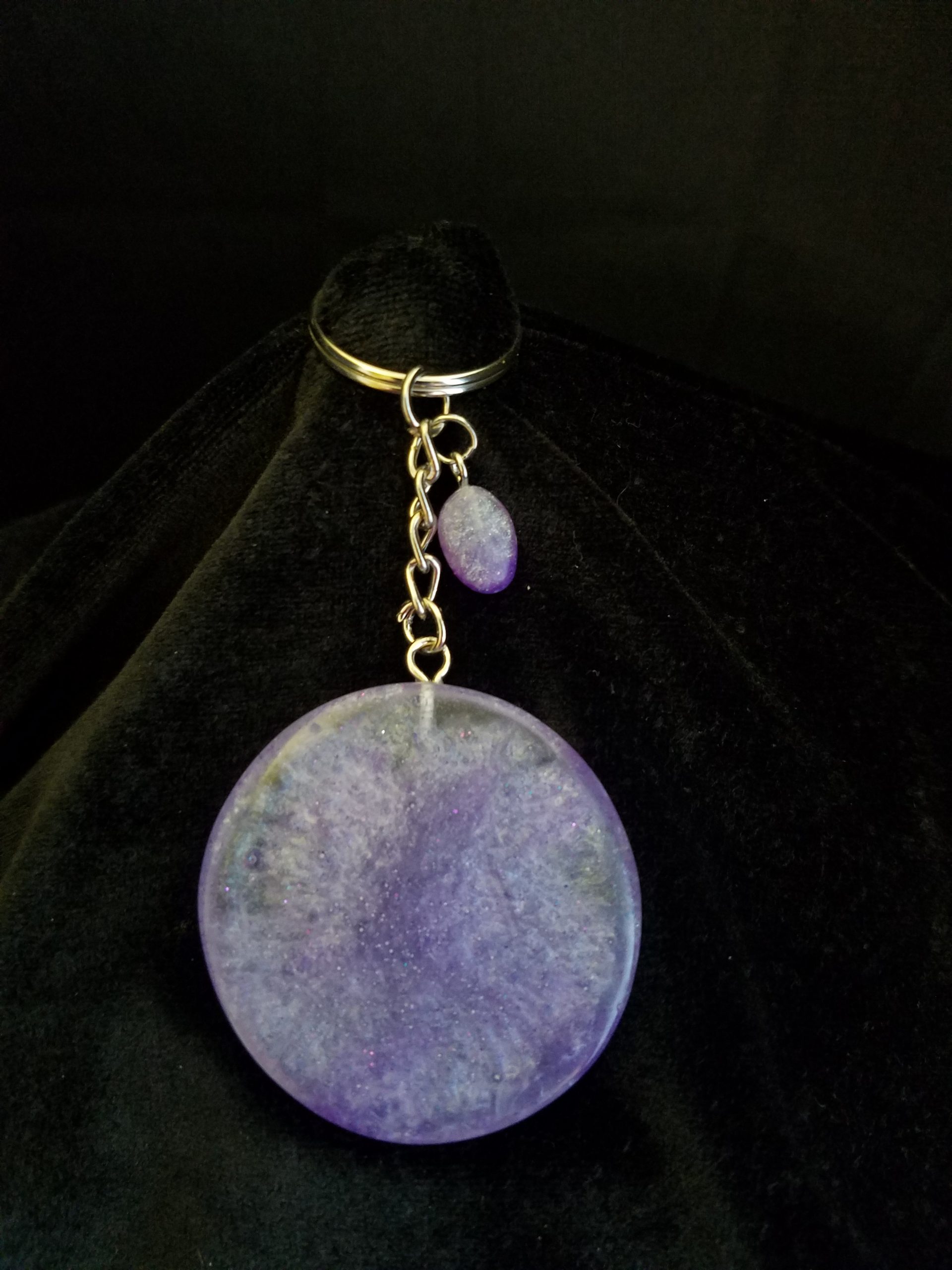 Super Smooth Abstract Clear, Dark Purple Glitter Sand & Light Purple Shimmery Round Epoxy Pendant Keychain