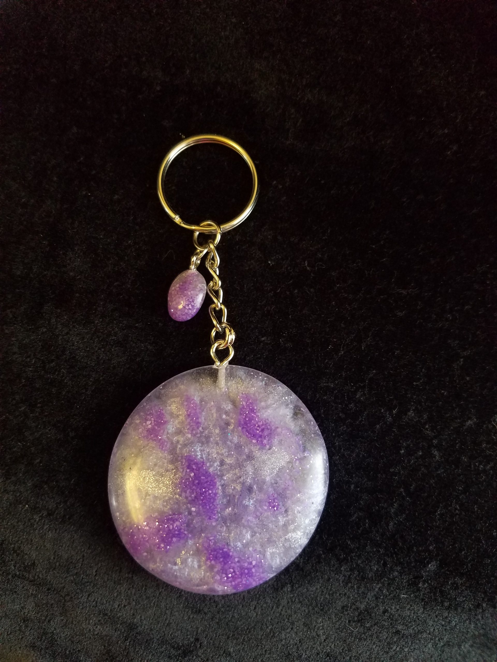 Super Smooth Abstract Clear, Dark Purple Glitter Sand & Light Purple Shimmery Round Epoxy Pendant Keychain
