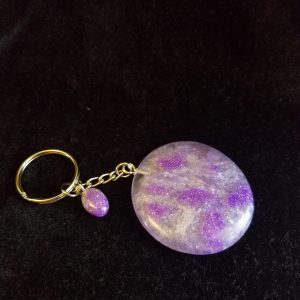 Super Smooth Abstract Clear, Dark Purple Glitter Sand & Light Purple Shimmery Round Epoxy Pendant Keychain