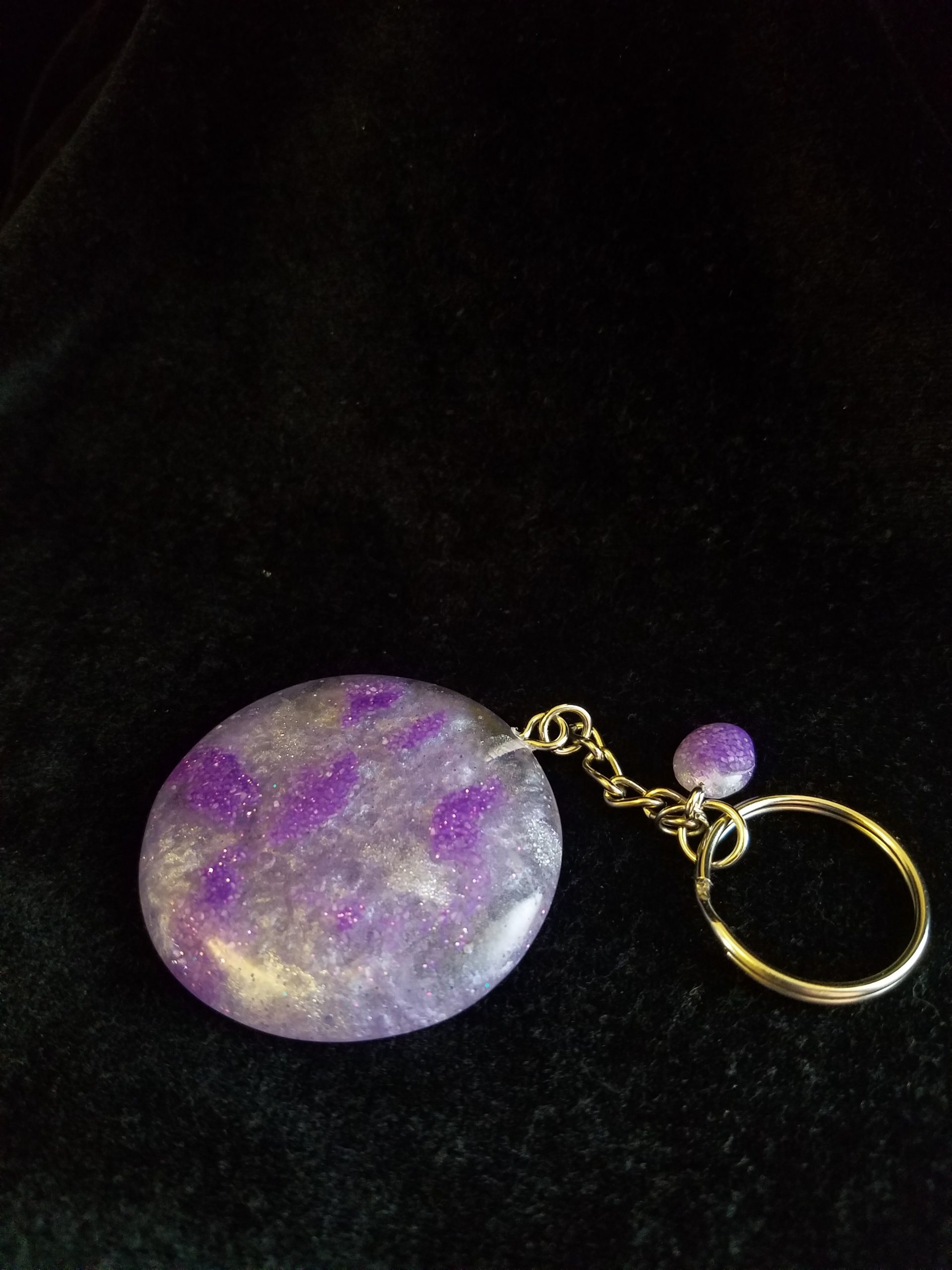 Super Smooth Abstract Clear, Dark Purple Glitter Sand & Light Purple Shimmery Round Epoxy Pendant Keychain