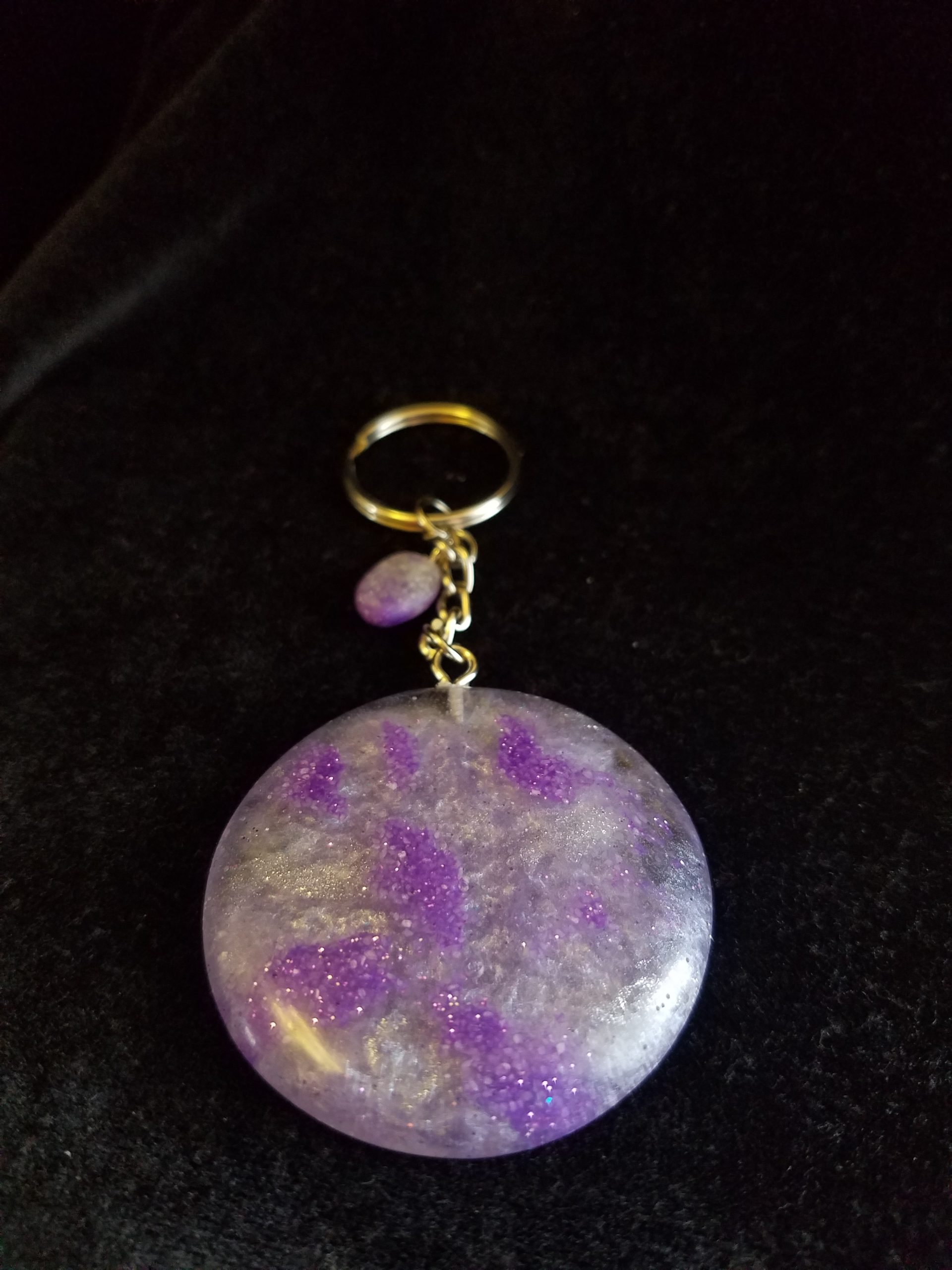 Super Smooth Abstract Clear, Dark Purple Glitter Sand & Light Purple Shimmery Round Epoxy Pendant Keychain
