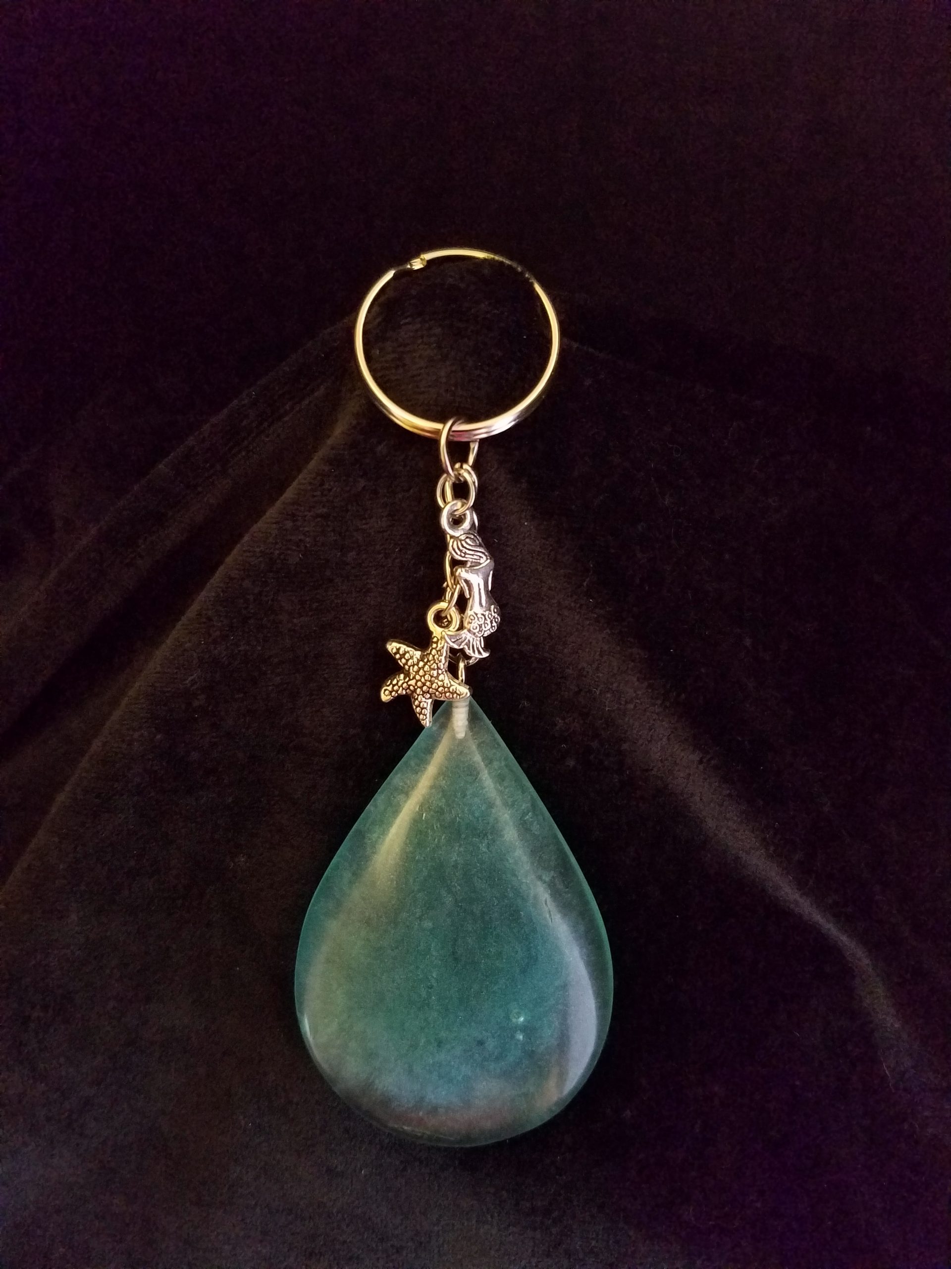 Abstract Ocean Theme Shimmery Blue Teardrop Epoxy Pendant Keychain with Silver Mermaid & Starfish Charms