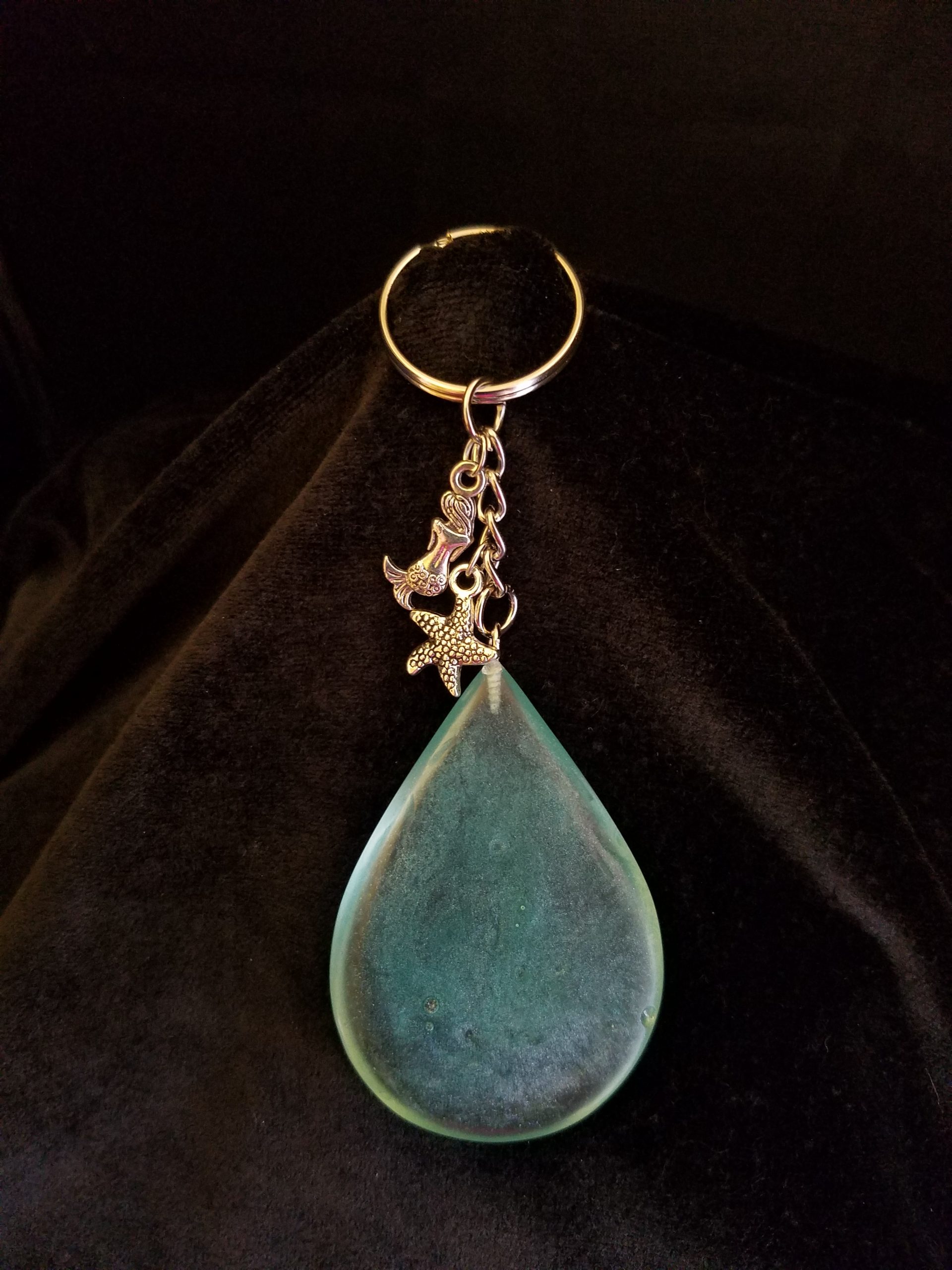 Abstract Ocean Theme Shimmery Blue Teardrop Epoxy Pendant Keychain with Silver Mermaid & Starfish Charms