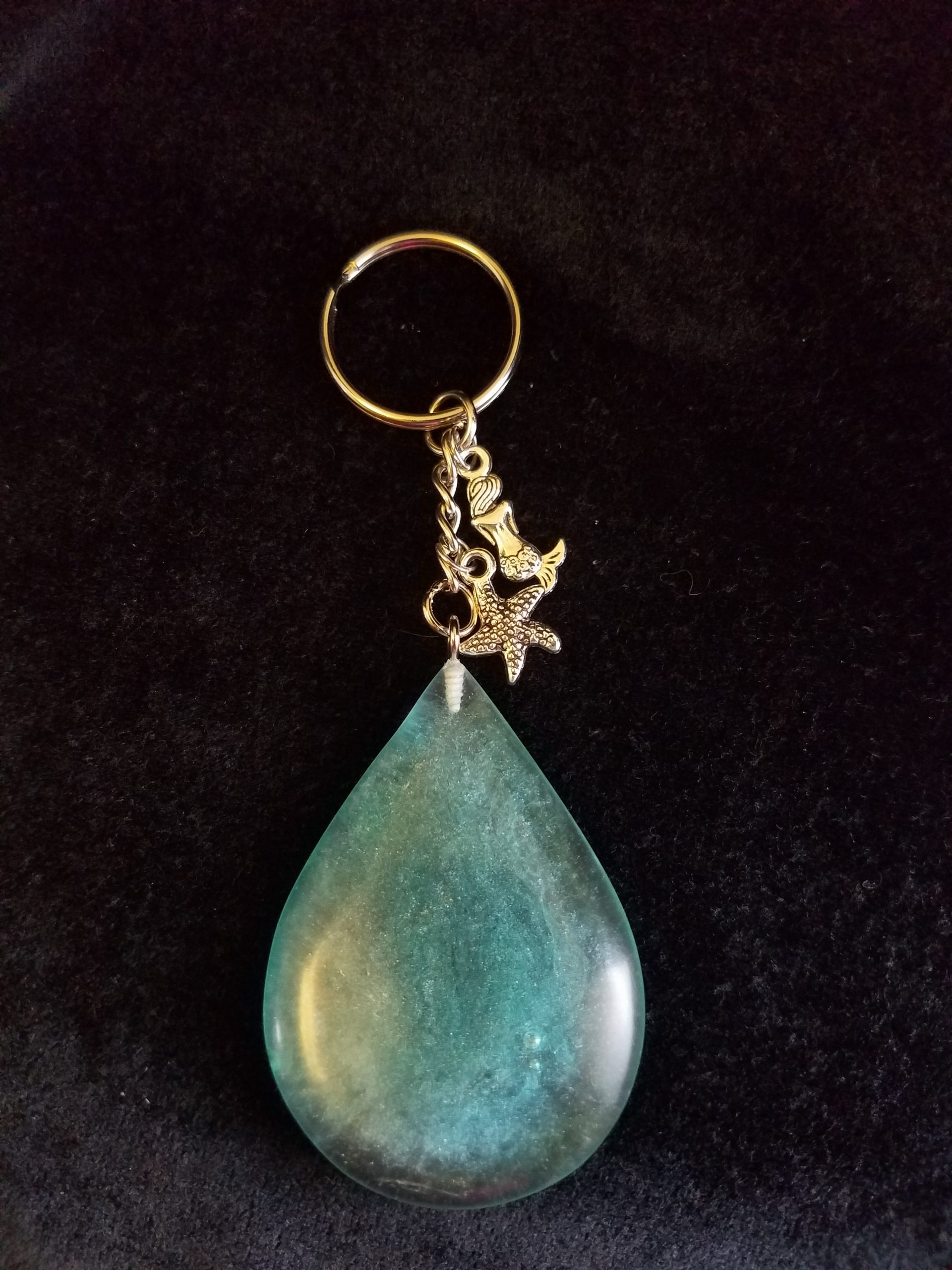 Abstract Ocean Theme Shimmery Blue Teardrop Epoxy Pendant Keychain with Silver Mermaid & Starfish Charms