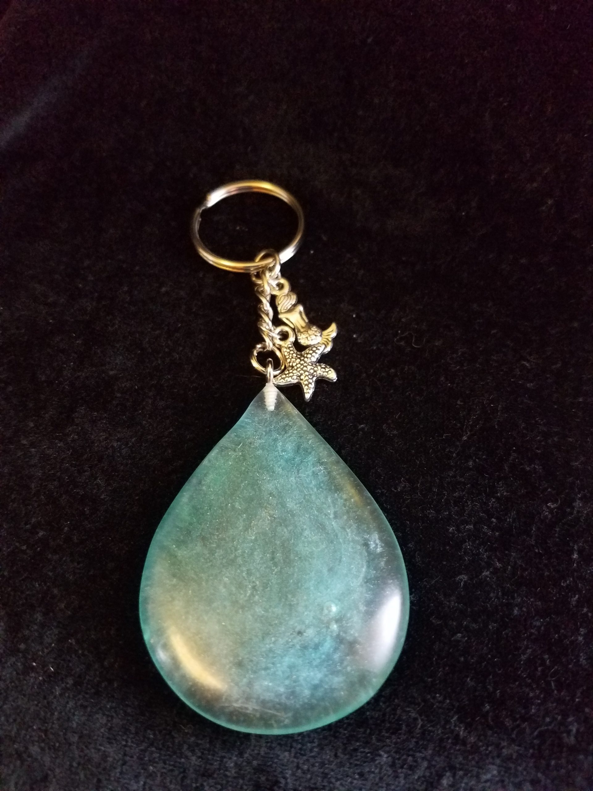Abstract Ocean Theme Shimmery Blue Teardrop Epoxy Pendant Keychain with Silver Mermaid & Starfish Charms