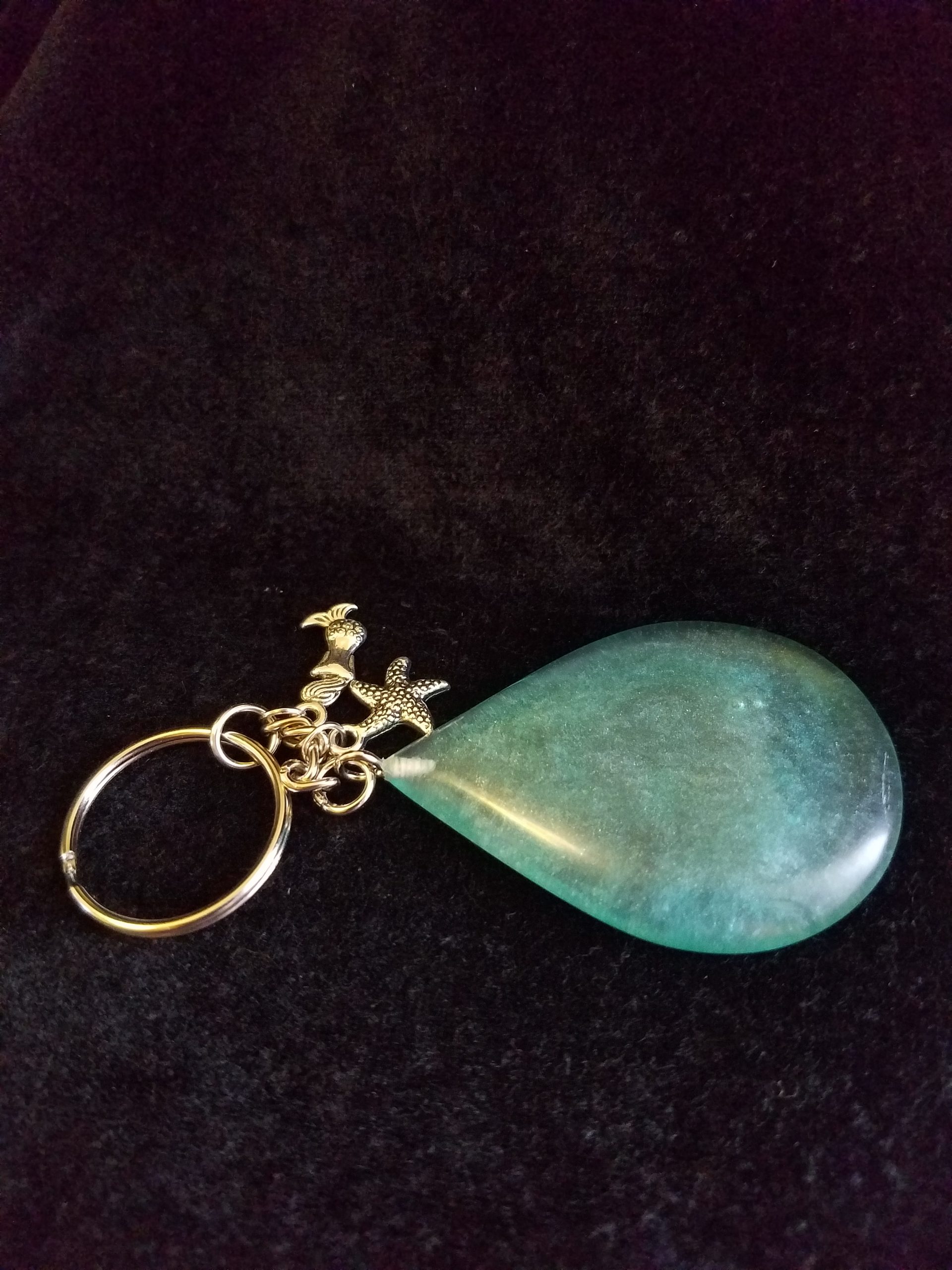 Abstract Ocean Theme Shimmery Blue Teardrop Epoxy Pendant Keychain with Silver Mermaid & Starfish Charms