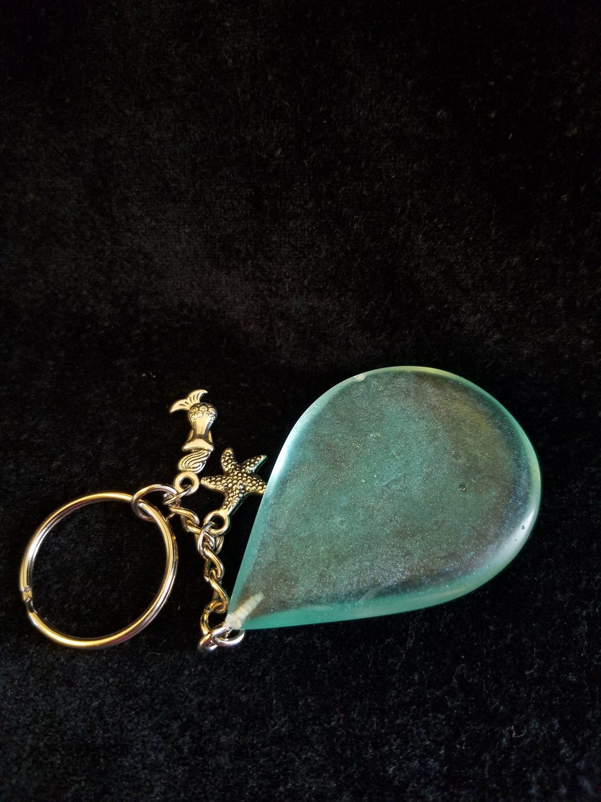 Abstract Ocean Theme Shimmery Blue Teardrop Epoxy Pendant Keychain with Silver Mermaid & Starfish Charms