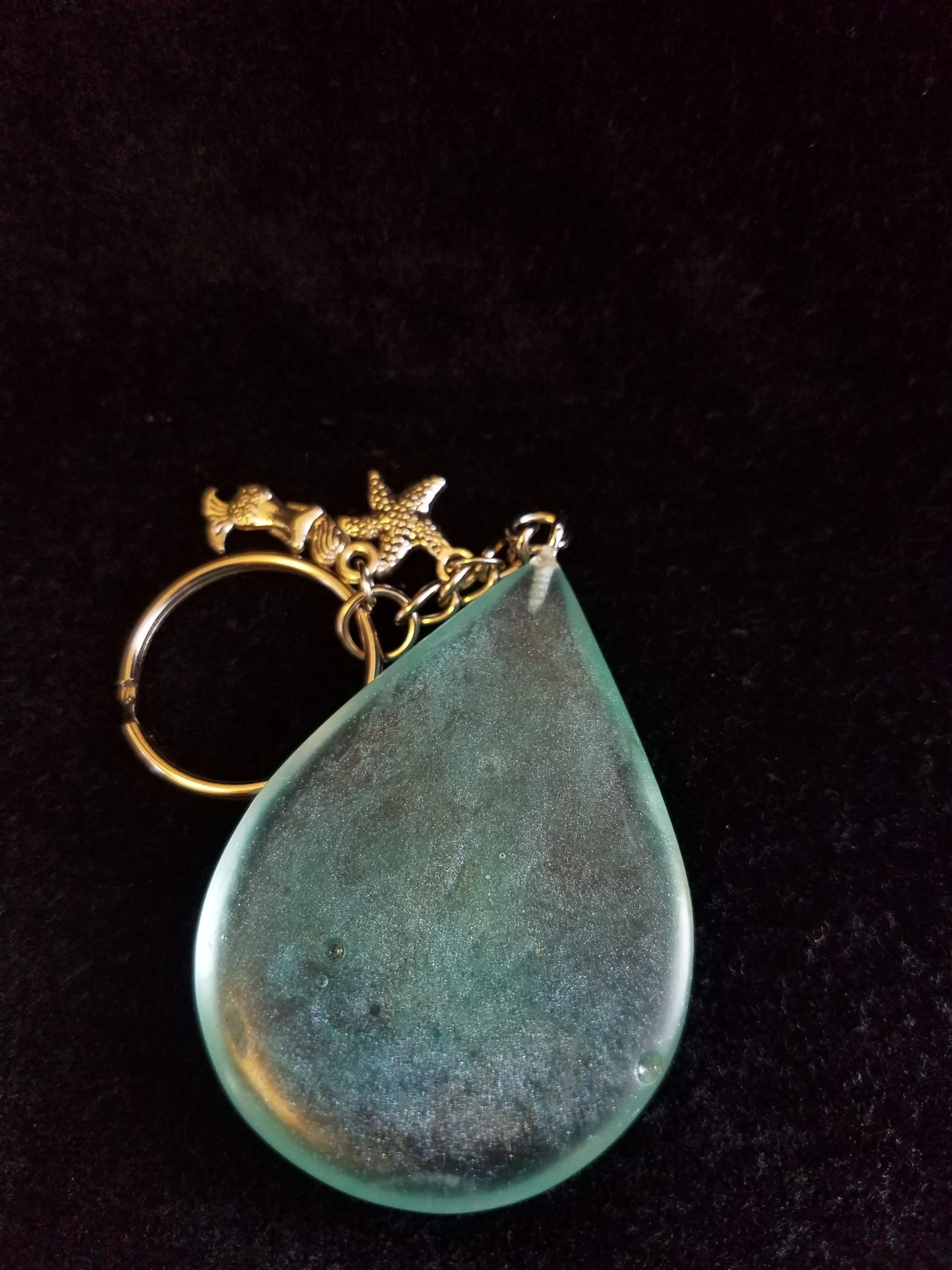 Abstract Ocean Theme Shimmery Blue Teardrop Epoxy Pendant Keychain with Silver Mermaid & Starfish Charms