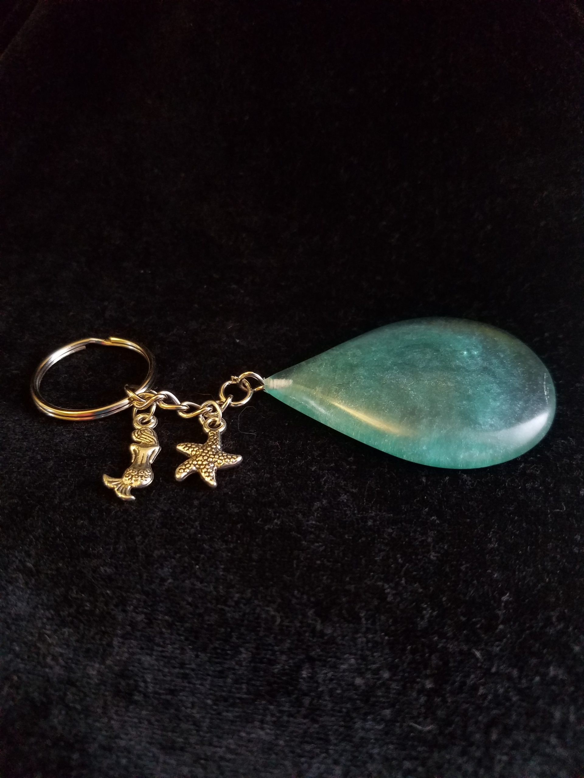 Abstract Ocean Theme Shimmery Blue Teardrop Epoxy Pendant Keychain with Silver Mermaid & Starfish Charms