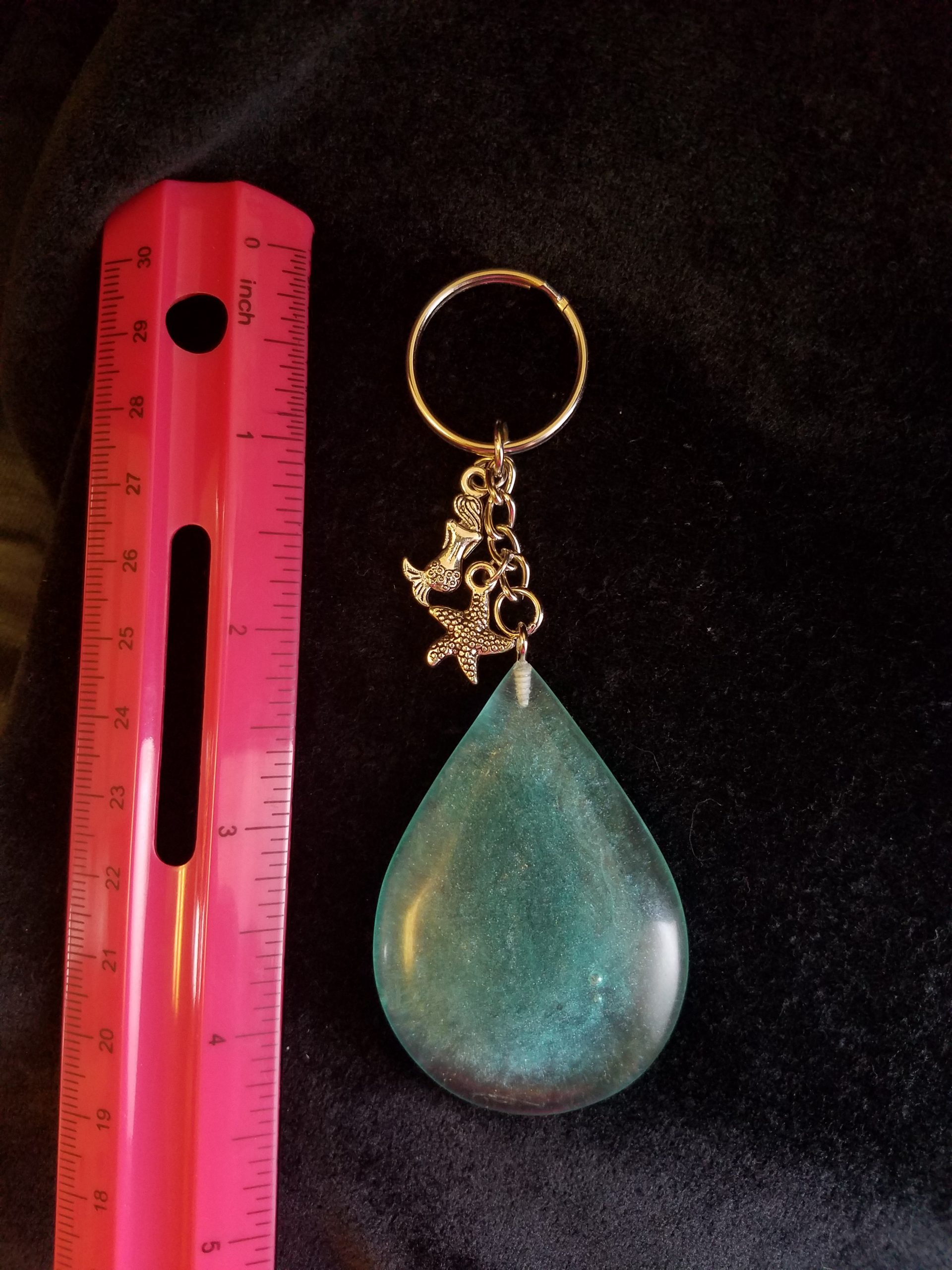 Abstract Ocean Theme Shimmery Blue Teardrop Epoxy Pendant Keychain with Silver Mermaid & Starfish Charms