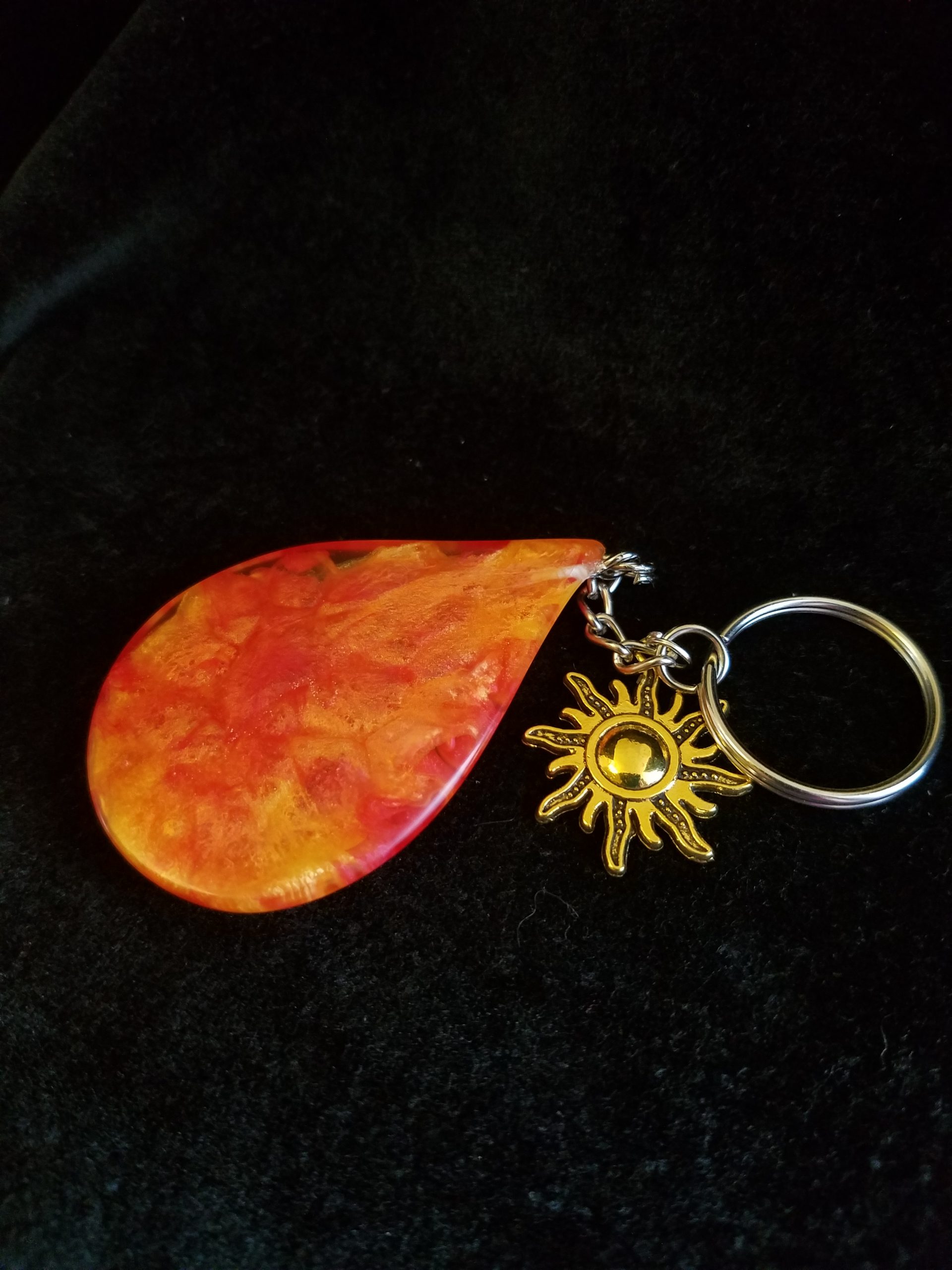 Abstract Red, Orange & Yellow Fire Swirl Teardrop Epoxy Pendant Keychain With Gold Sun Charm