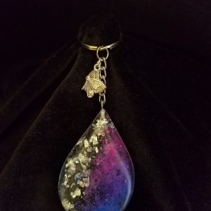 Abstract Silver Foil, Pink, Blue, Purple & Clear Epoxy Teardrop Pendant Keychain with Silver Butterfly Charm