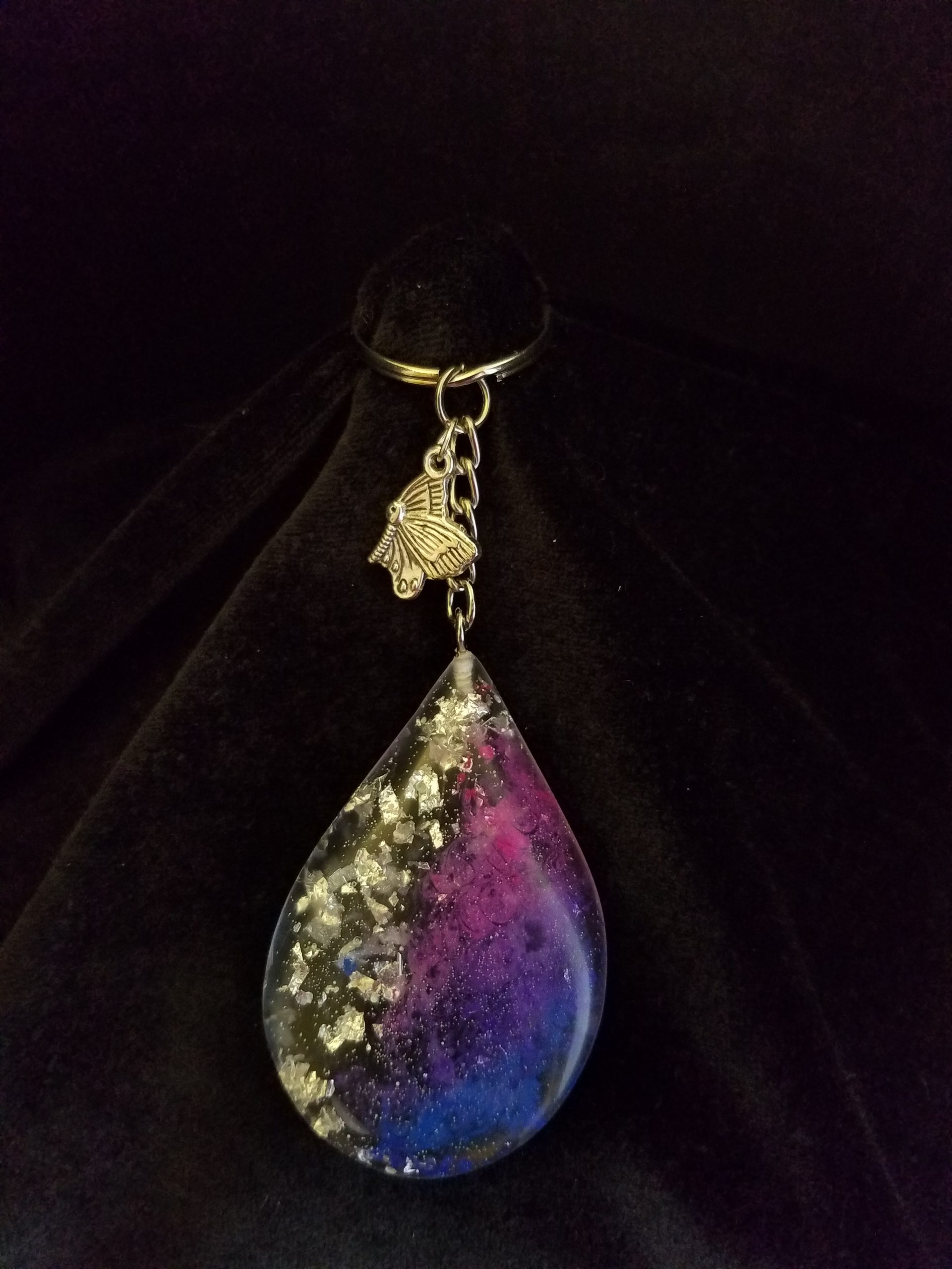 Abstract Silver Foil, Pink, Blue, Purple & Clear Epoxy Teardrop Pendant Keychain with Silver Butterfly Charm