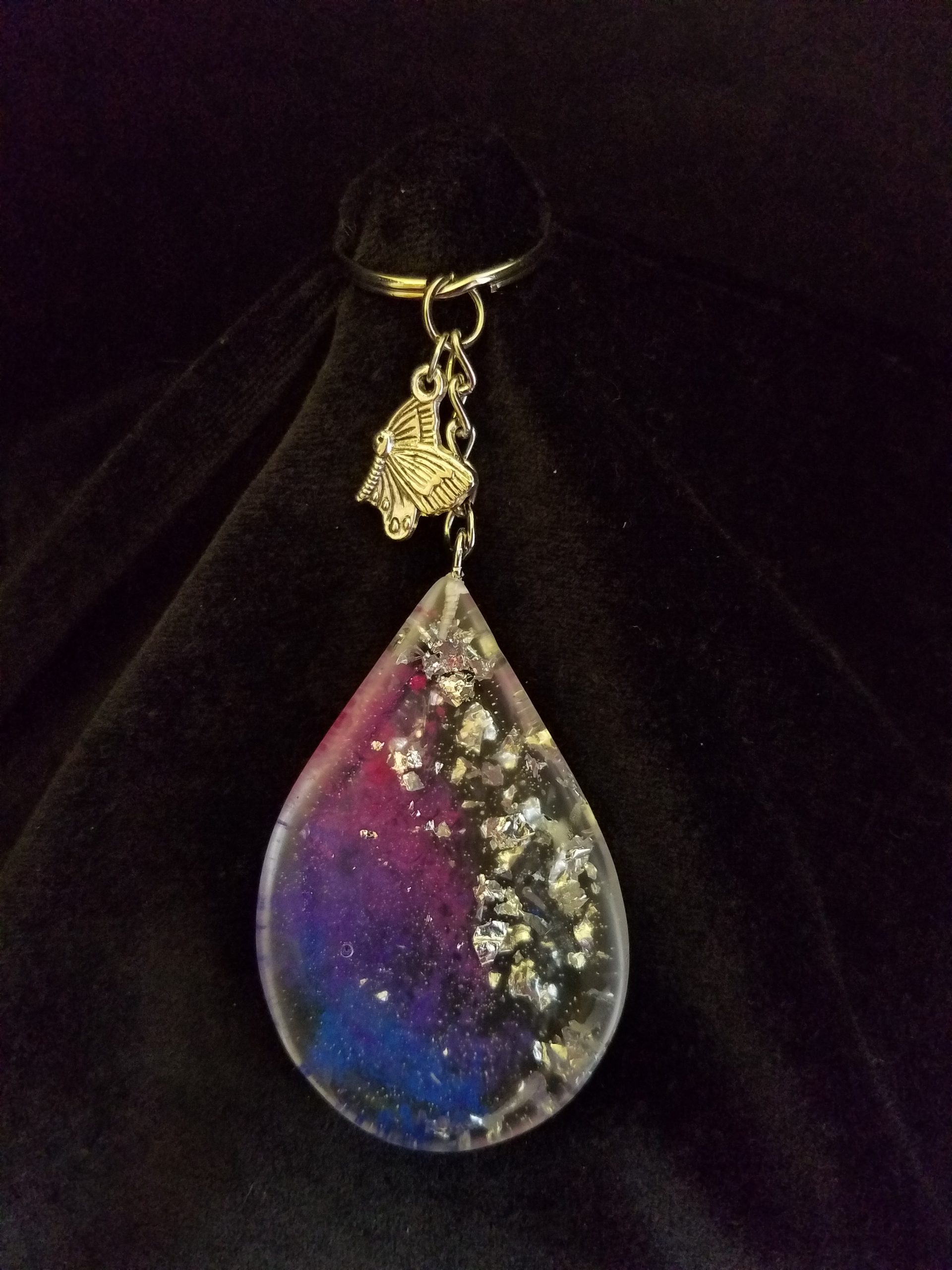Abstract Silver Foil, Pink, Blue, Purple & Clear Epoxy Teardrop Pendant Keychain with Silver Butterfly Charm