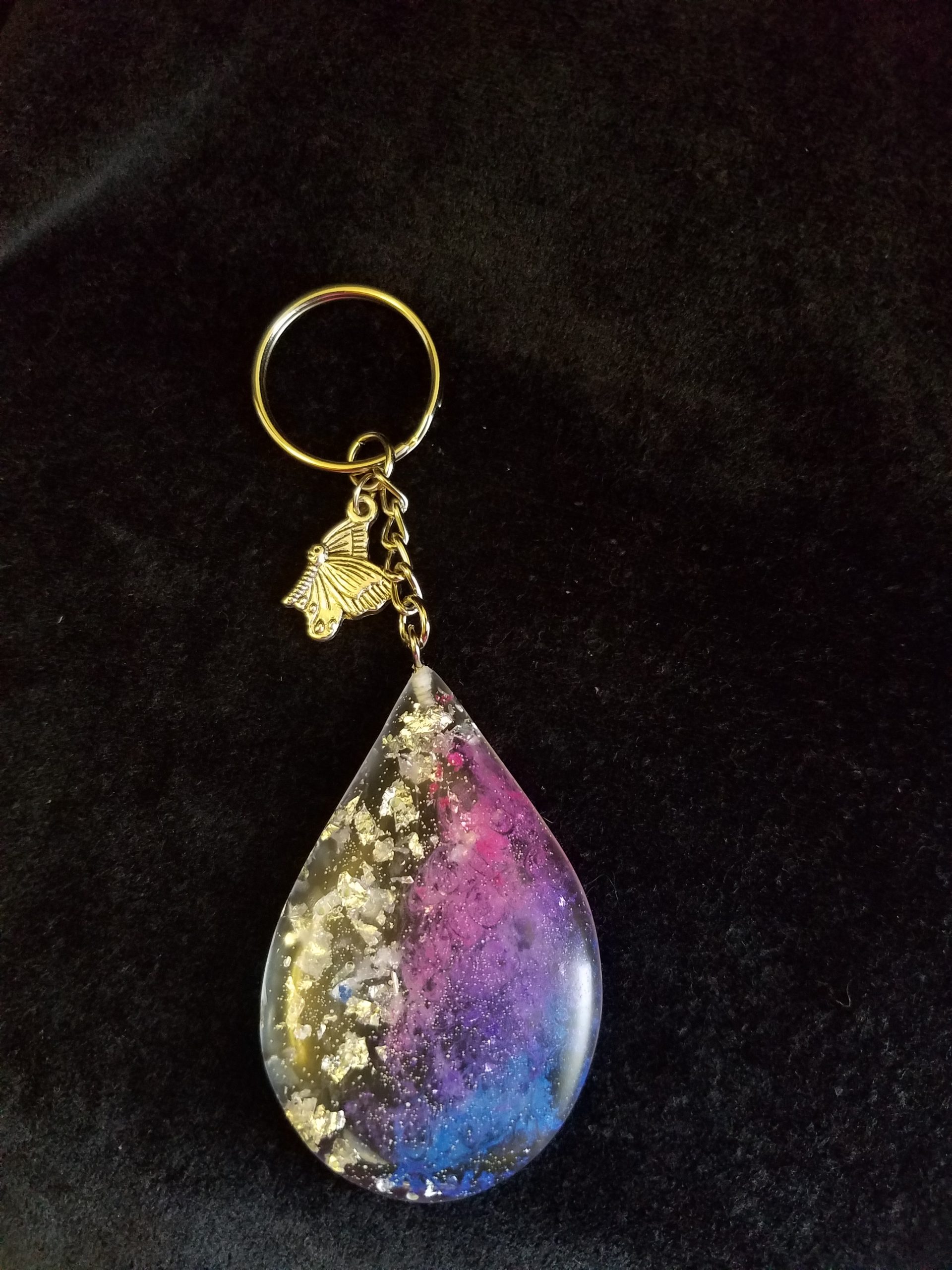 Abstract Silver Foil, Pink, Blue, Purple & Clear Epoxy Teardrop Pendant Keychain with Silver Butterfly Charm