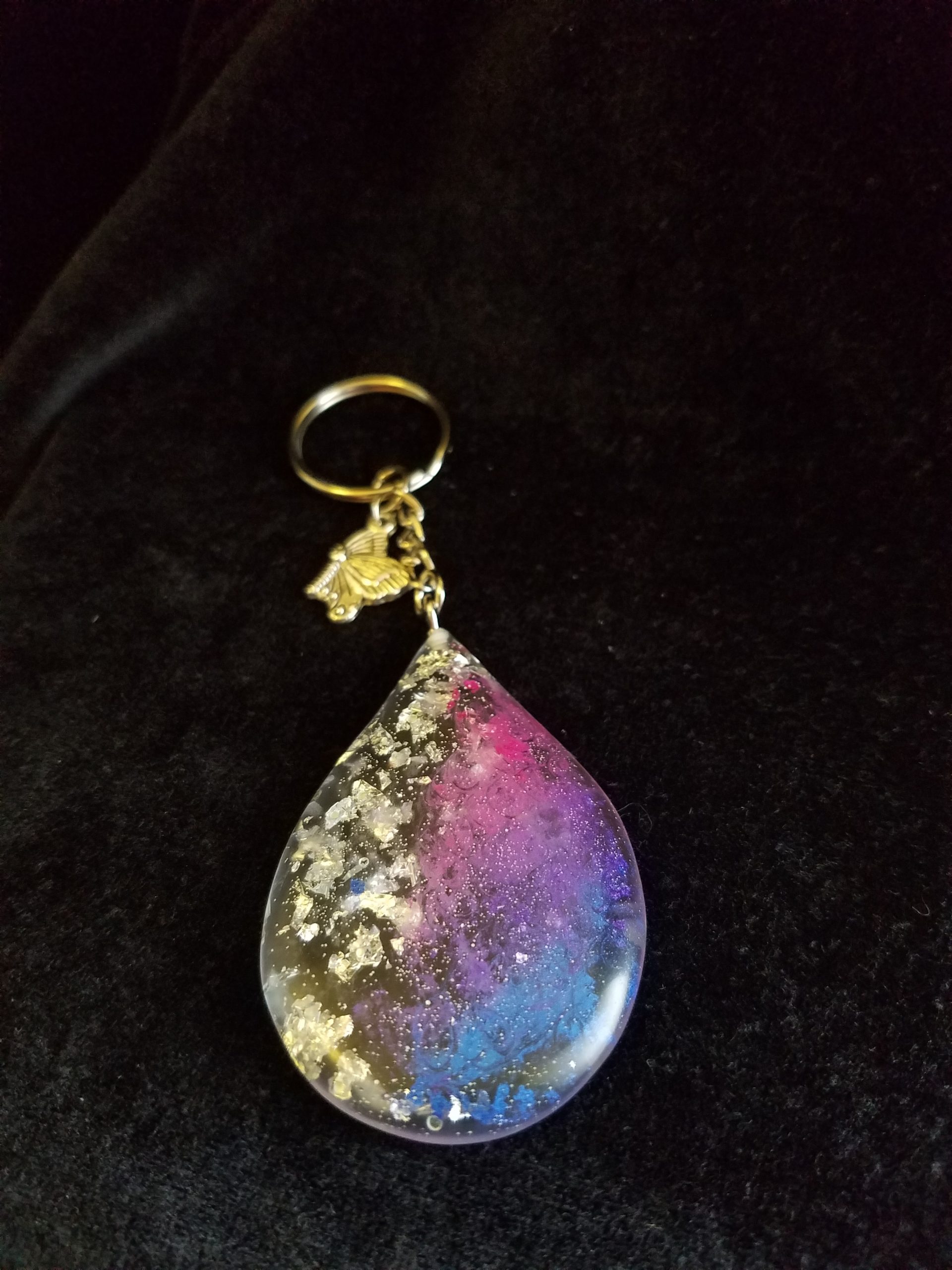 Abstract Silver Foil, Pink, Blue, Purple & Clear Epoxy Teardrop Pendant Keychain with Silver Butterfly Charm