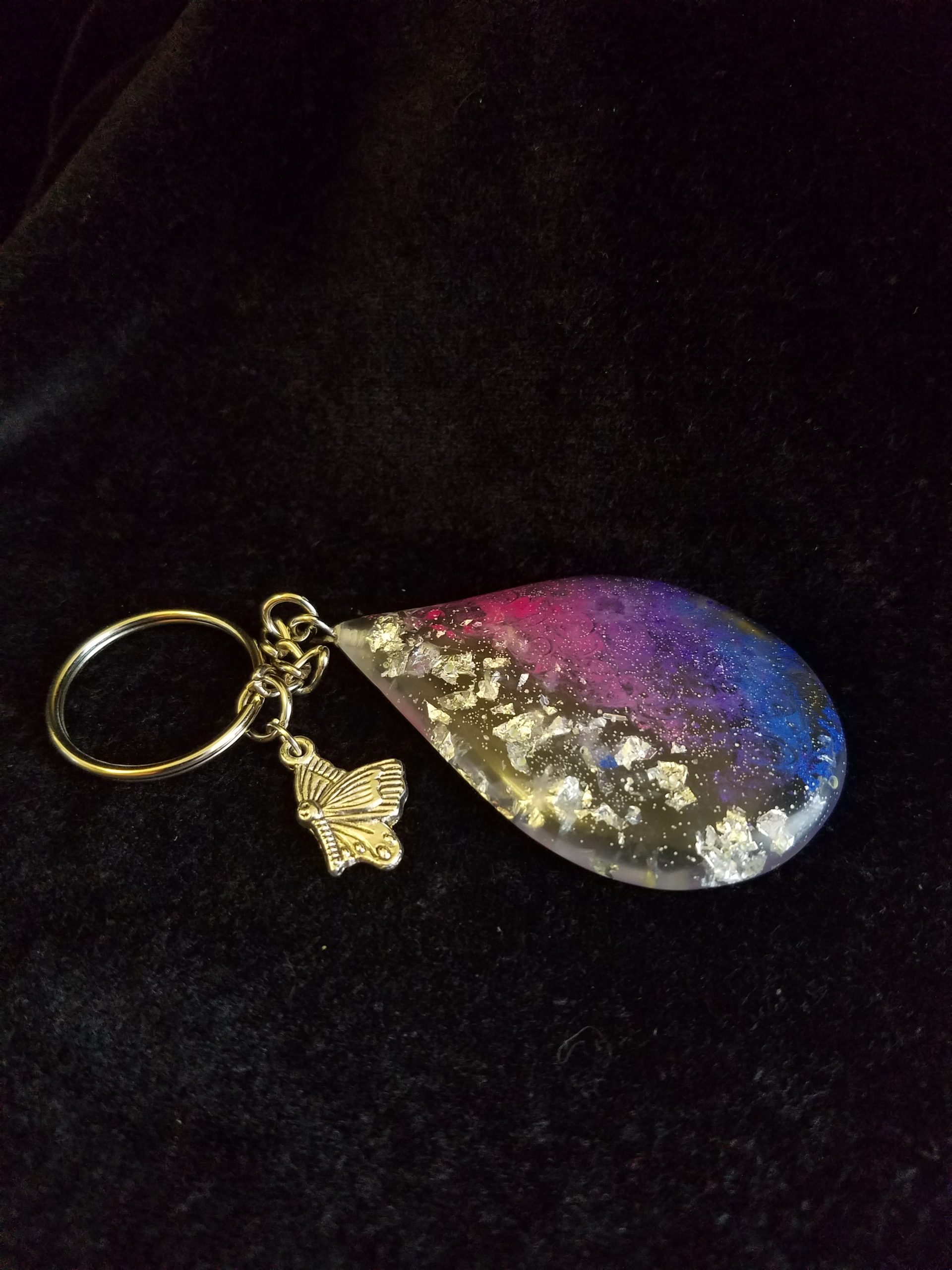 Abstract Silver Foil, Pink, Blue, Purple & Clear Epoxy Teardrop Pendant Keychain with Silver Butterfly Charm
