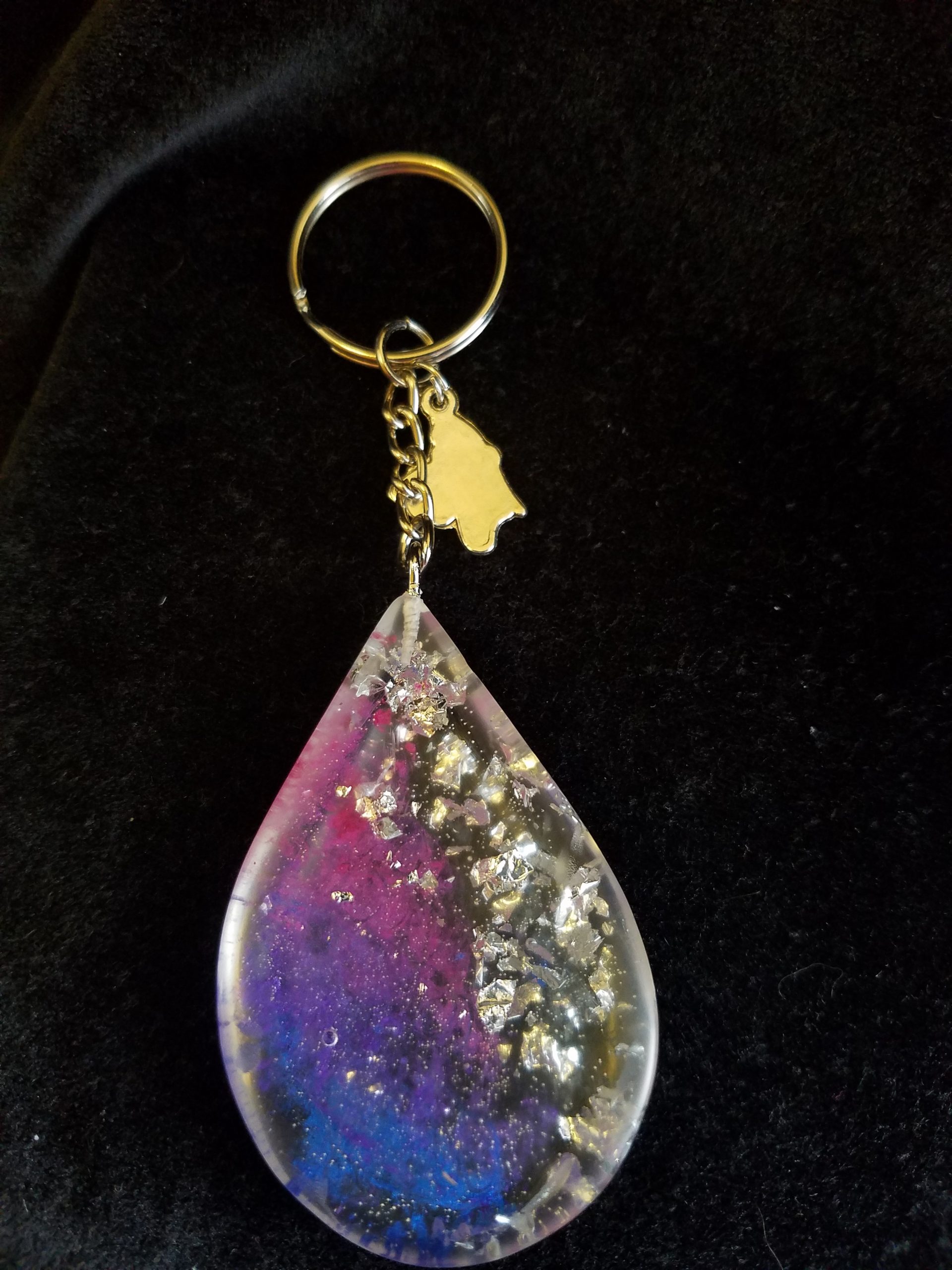 Abstract Silver Foil, Pink, Blue, Purple & Clear Epoxy Teardrop Pendant Keychain with Silver Butterfly Charm