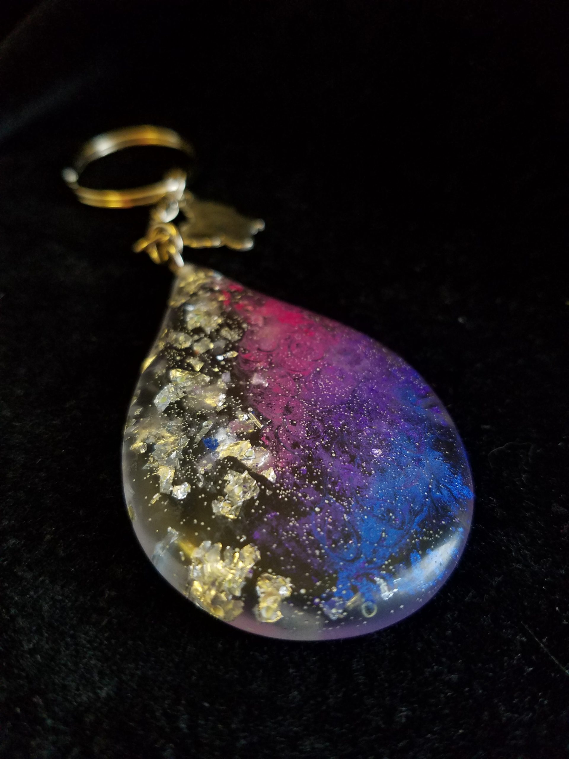 Abstract Silver Foil, Pink, Blue, Purple & Clear Epoxy Teardrop Pendant Keychain with Silver Butterfly Charm