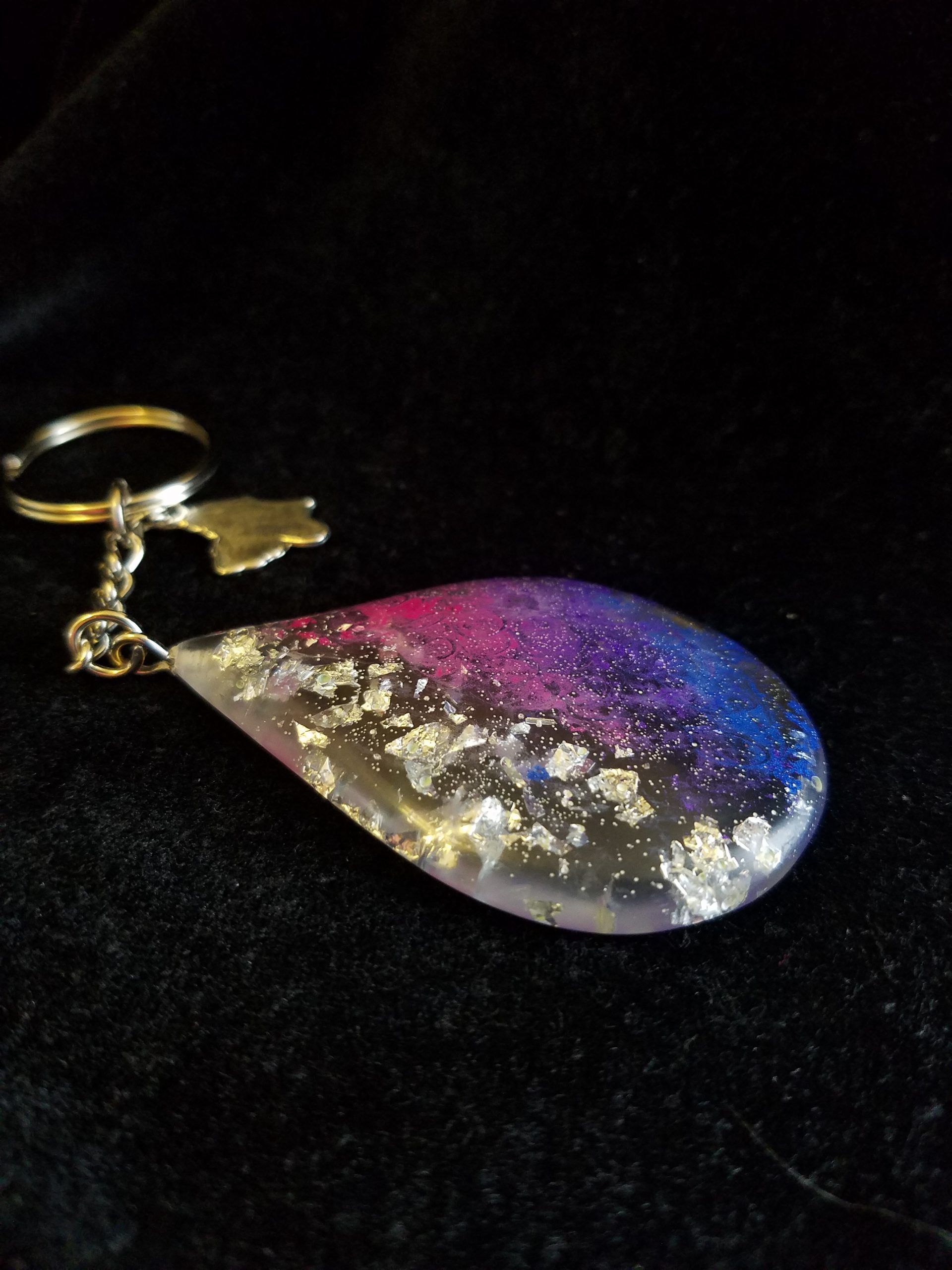 Abstract Silver Foil, Pink, Blue, Purple & Clear Epoxy Teardrop Pendant Keychain with Silver Butterfly Charm