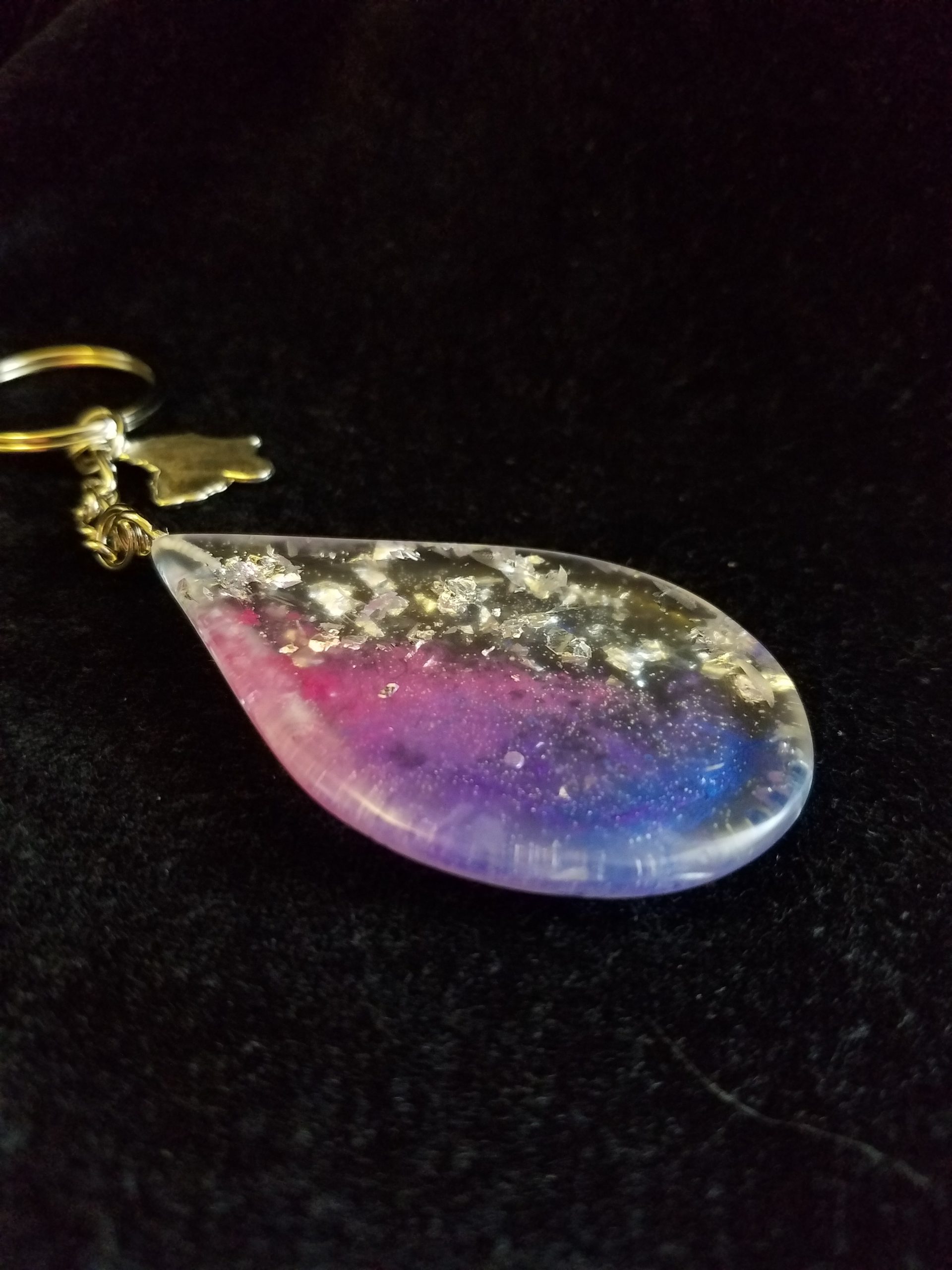Abstract Silver Foil, Pink, Blue, Purple & Clear Epoxy Teardrop Pendant Keychain with Silver Butterfly Charm