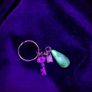 Abstract Green Glow & Brown Epoxy Teardrop Keychain with Silver Lock & Bronze Key Charms