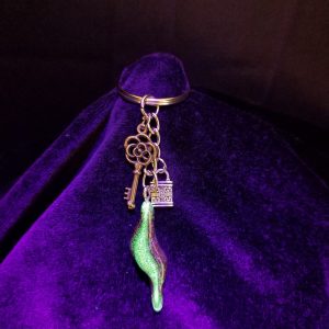 Abstract Green Glow & Brown Epoxy Wave Charm Keychain with Silver Lock & Bronze Key Charms