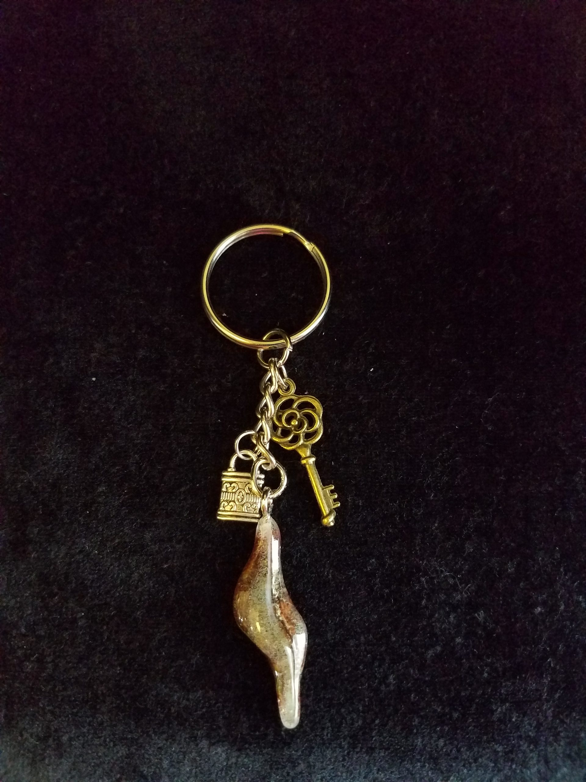 Abstract Green Glow & Brown Epoxy Wave Charm Keychain with Silver Lock & Bronze Key Charms
