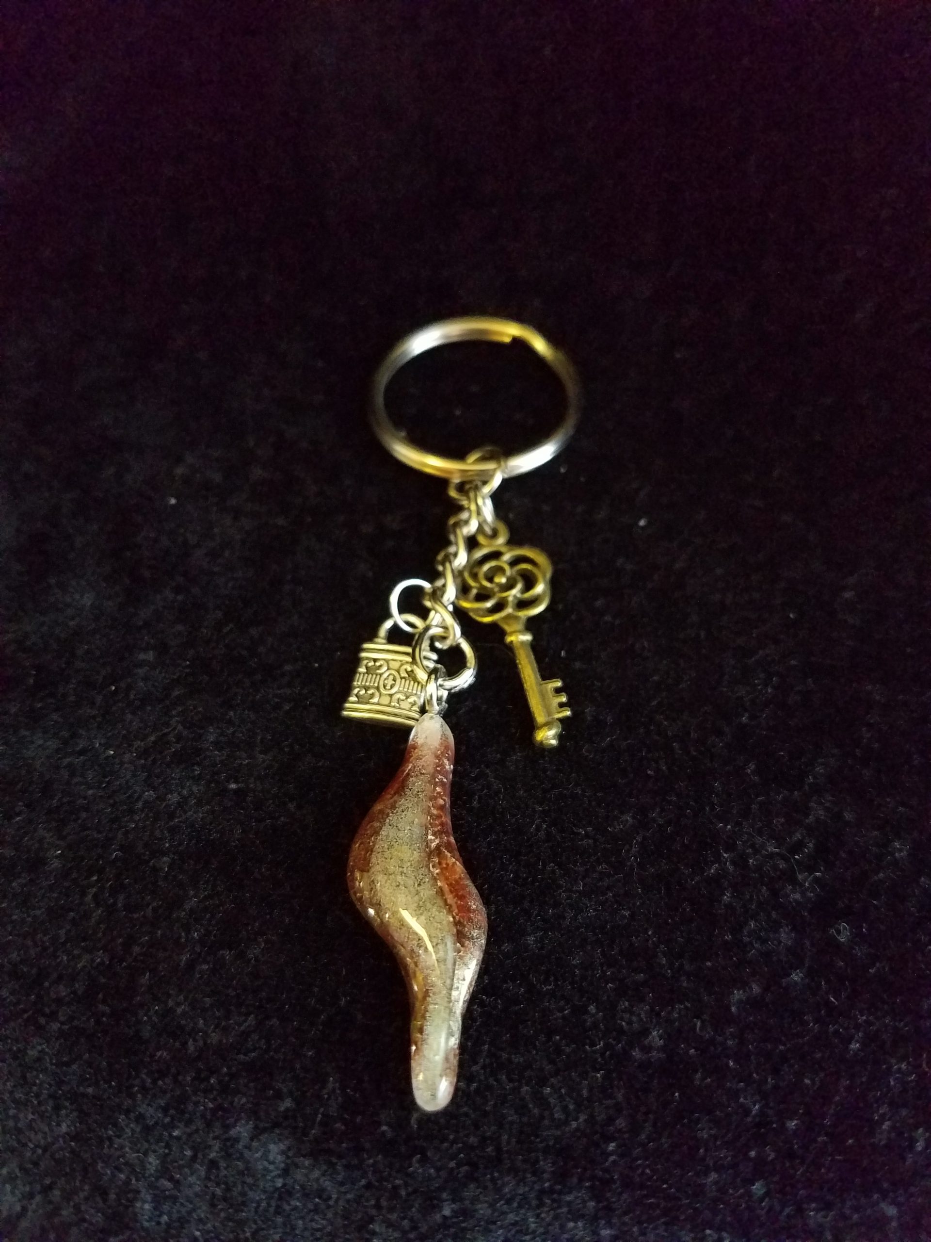 Abstract Green Glow & Brown Epoxy Wave Charm Keychain with Silver Lock & Bronze Key Charms