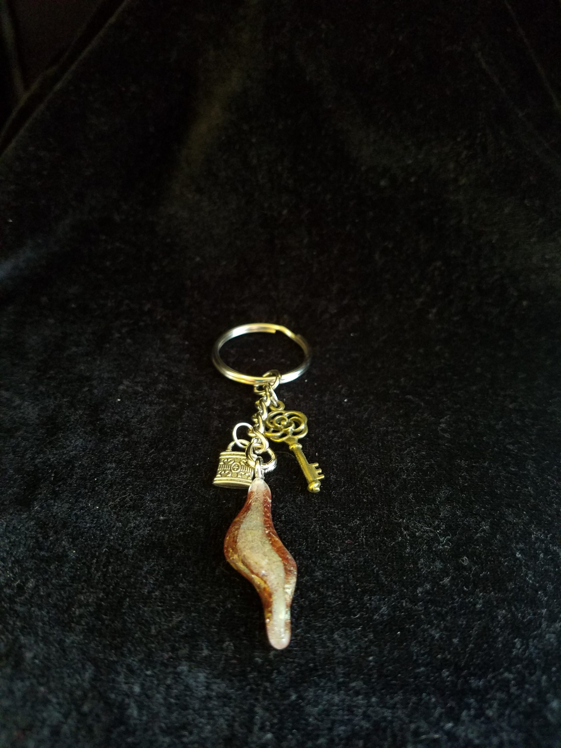 Abstract Green Glow & Brown Epoxy Wave Charm Keychain with Silver Lock & Bronze Key Charms