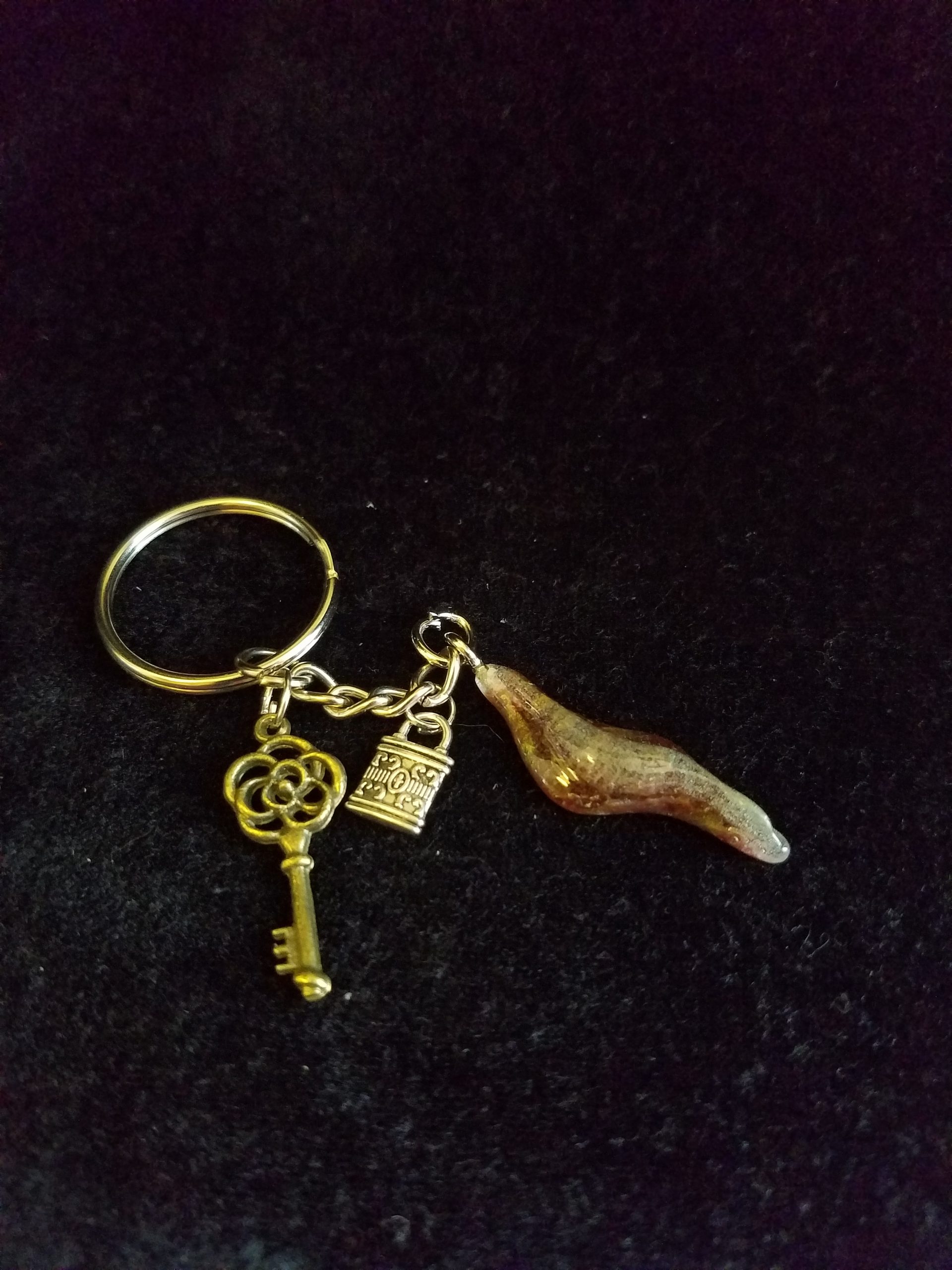 Abstract Green Glow & Brown Epoxy Wave Charm Keychain with Silver Lock & Bronze Key Charms