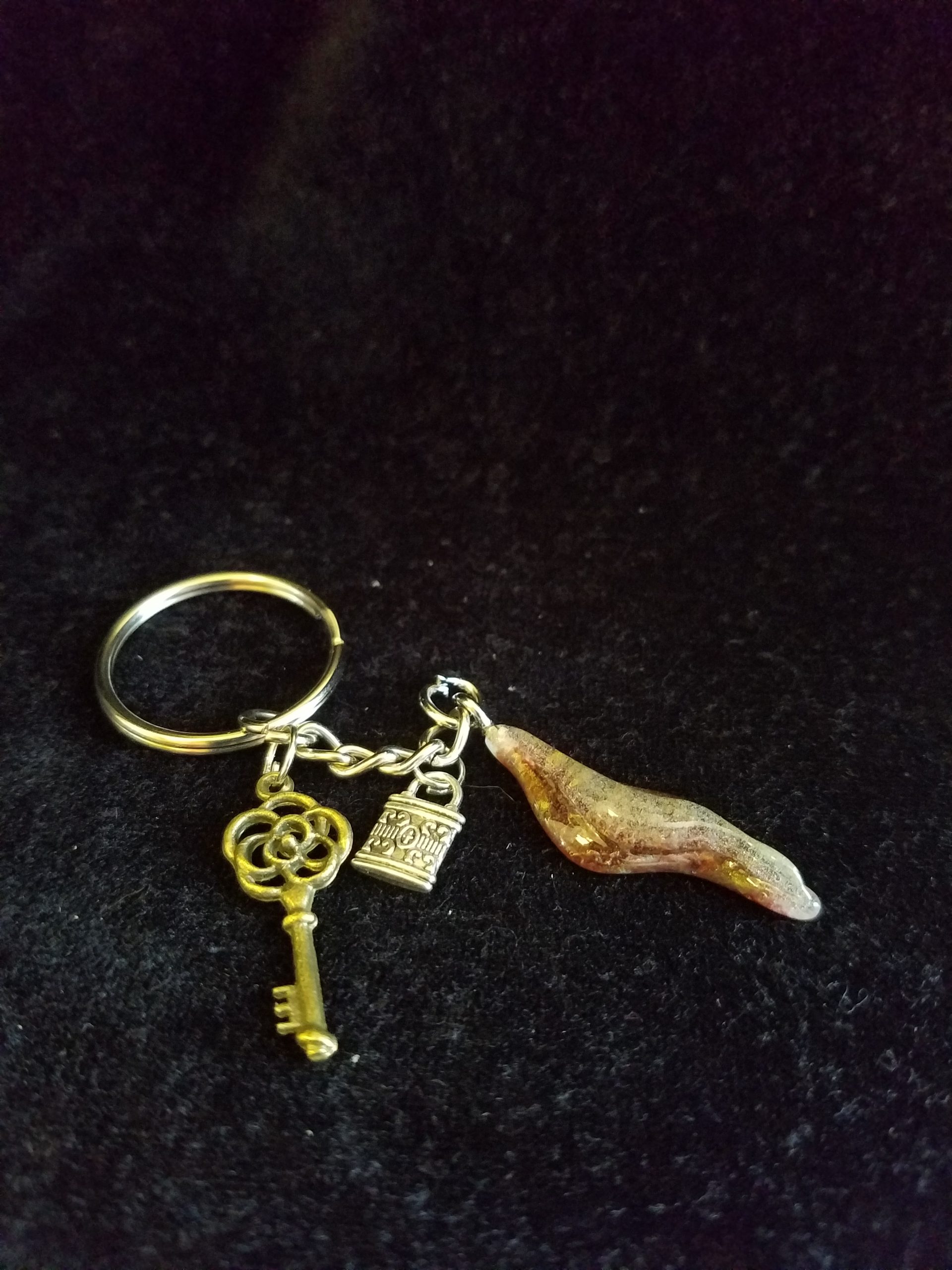 Abstract Green Glow & Brown Epoxy Wave Charm Keychain with Silver Lock & Bronze Key Charms