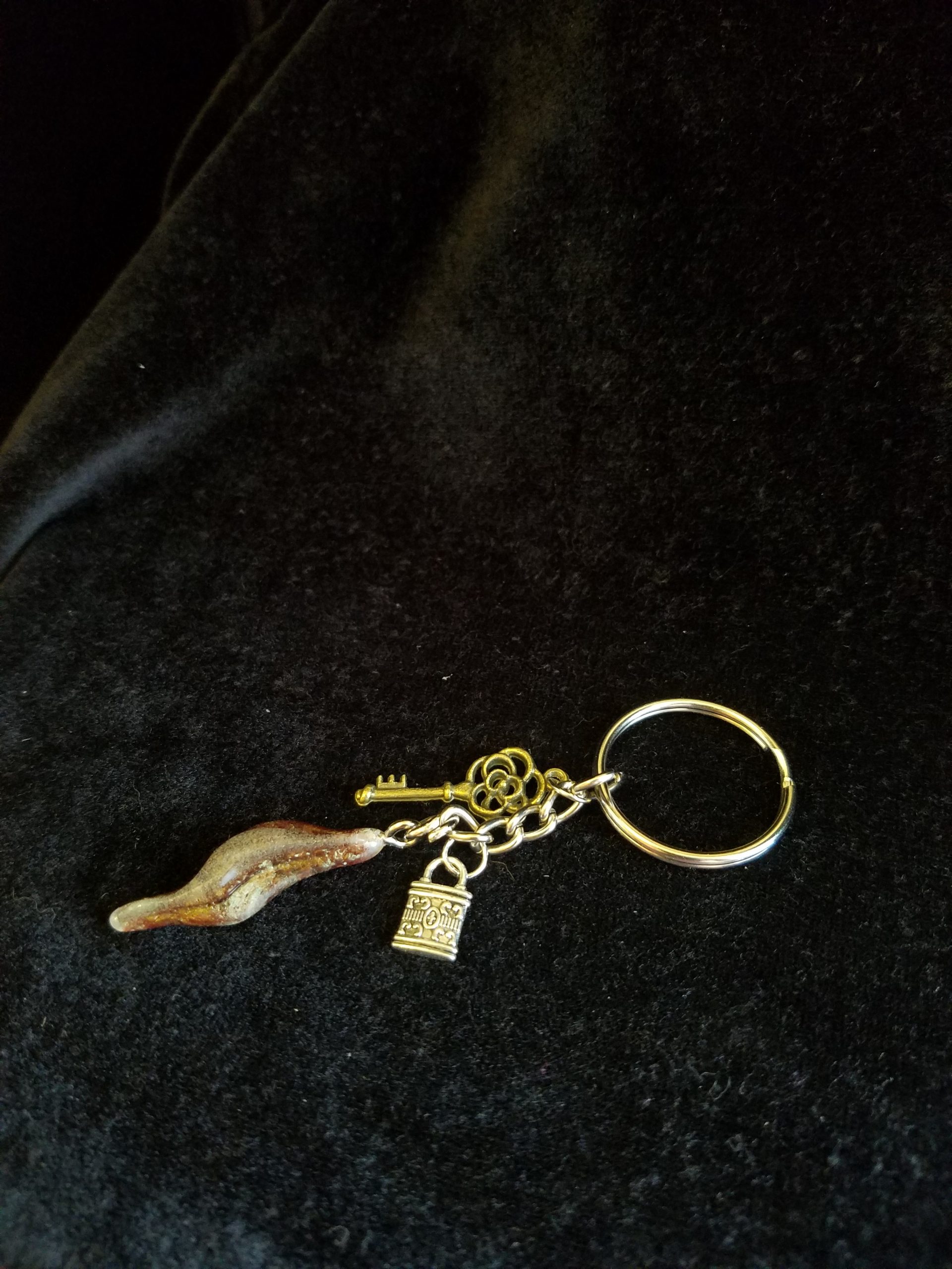 Abstract Green Glow & Brown Epoxy Wave Charm Keychain with Silver Lock & Bronze Key Charms