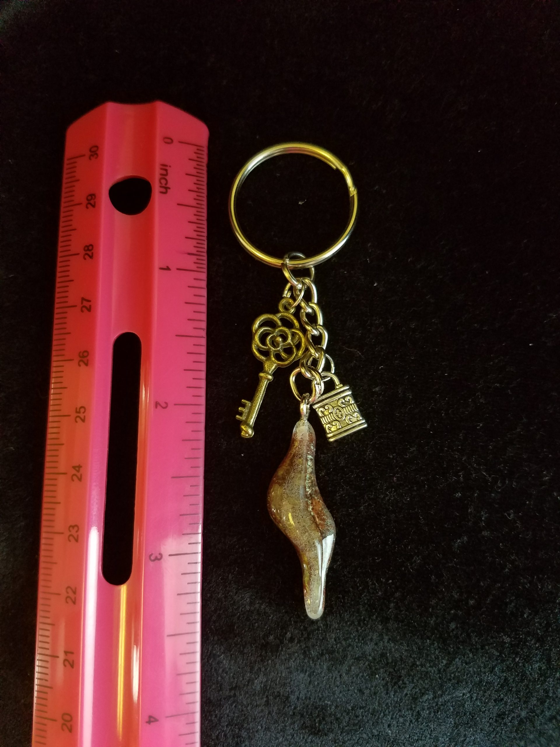 Abstract Green Glow & Brown Epoxy Wave Charm Keychain with Silver Lock & Bronze Key Charms