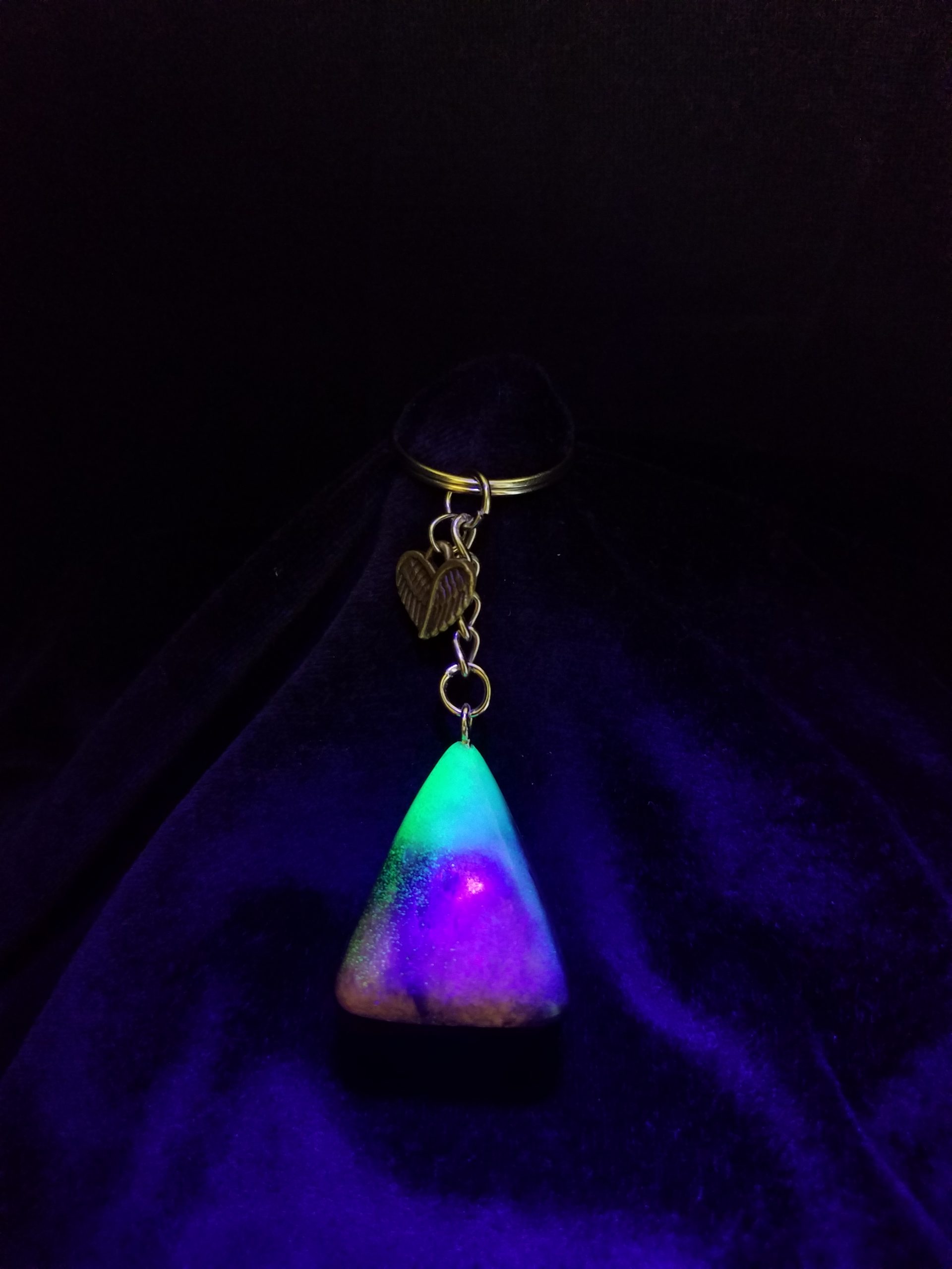 Abstract Black, Gold & Green Glow Pyramid Keychain with Bronze Wing Heart Charm