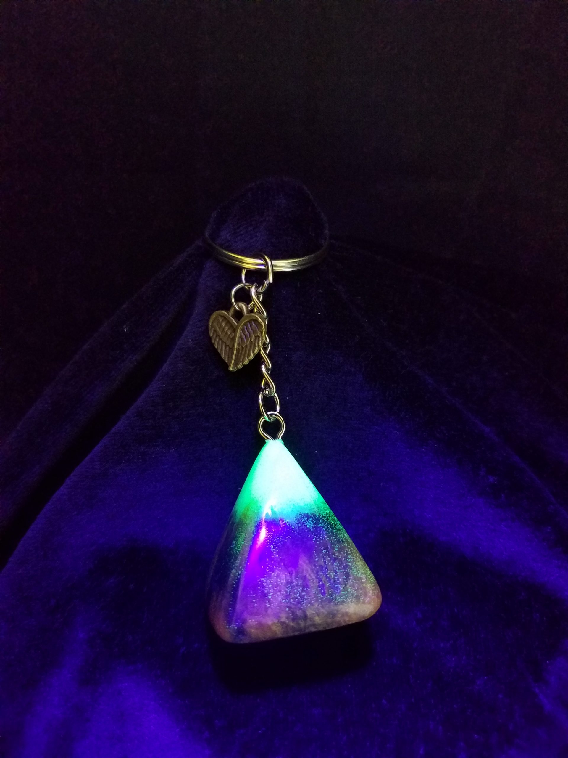 Abstract Black, Gold & Green Glow Pyramid Keychain with Bronze Wing Heart Charm