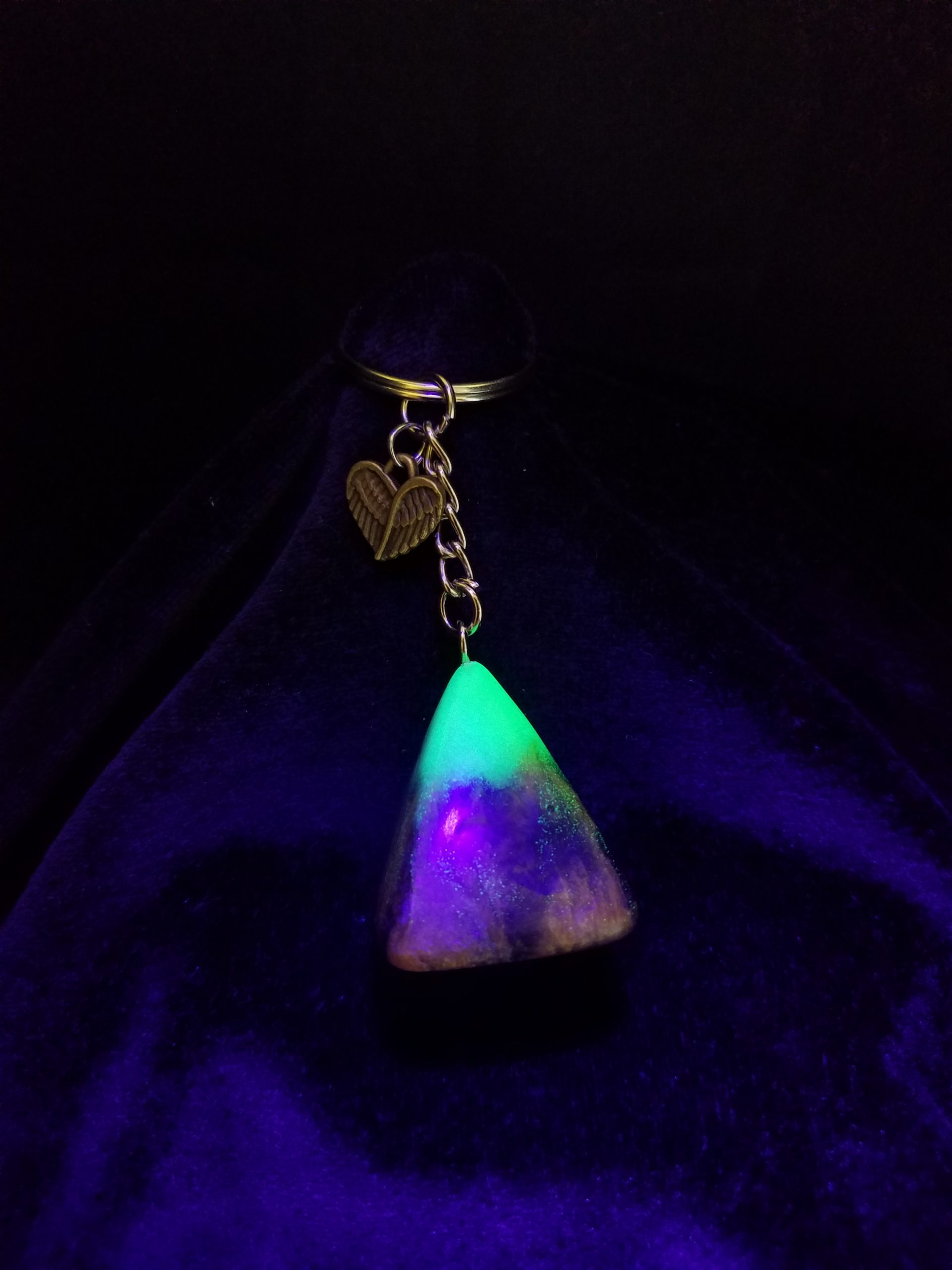 Abstract Black, Gold & Green Glow Pyramid Keychain with Bronze Wing Heart Charm