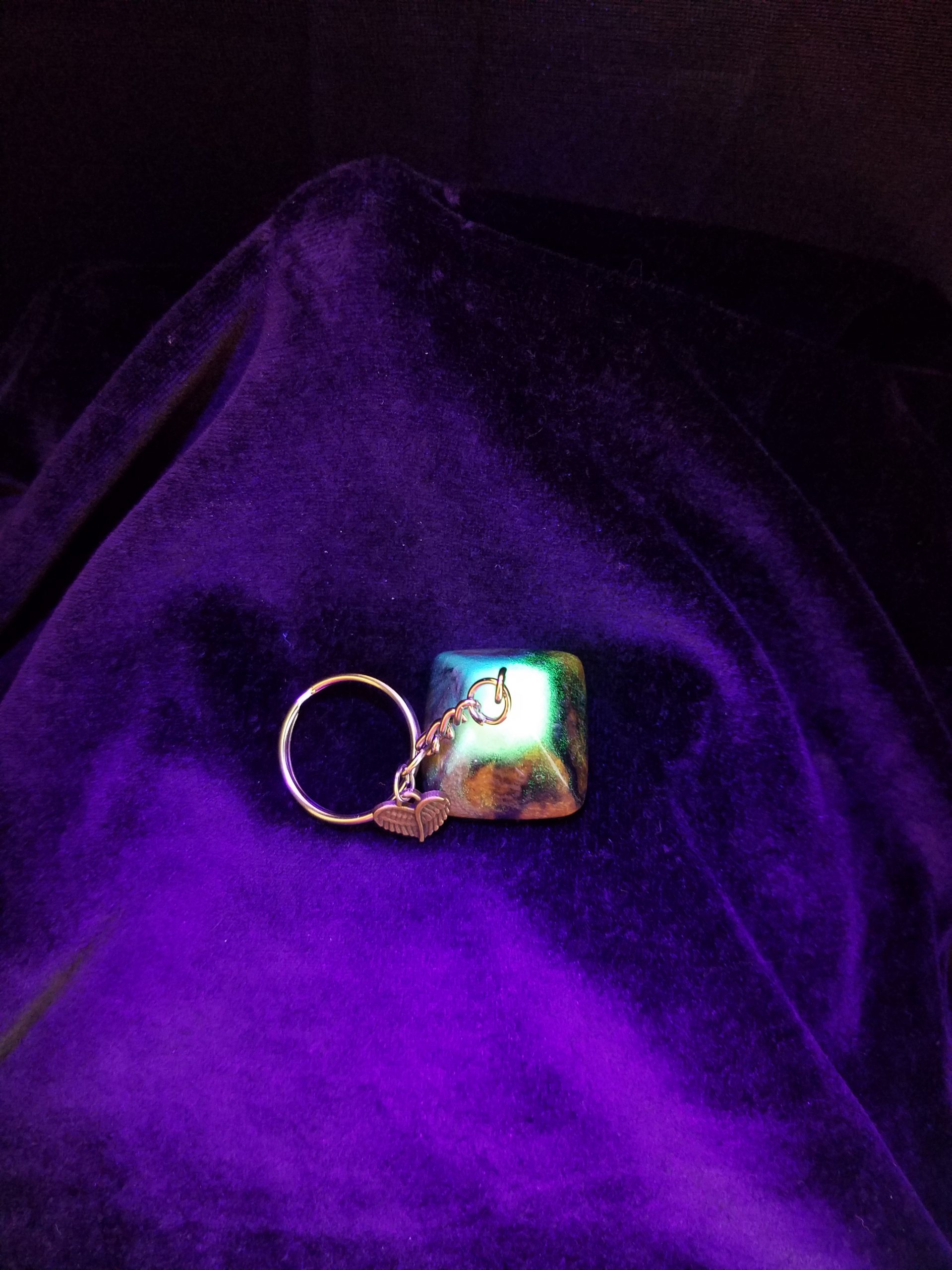 Abstract Black, Gold & Green Glow Pyramid Keychain with Bronze Wing Heart Charm