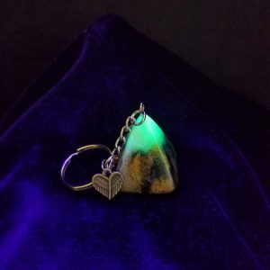 Abstract Black, Gold & Green Glow Pyramid Keychain with Bronze Wing Heart Charm